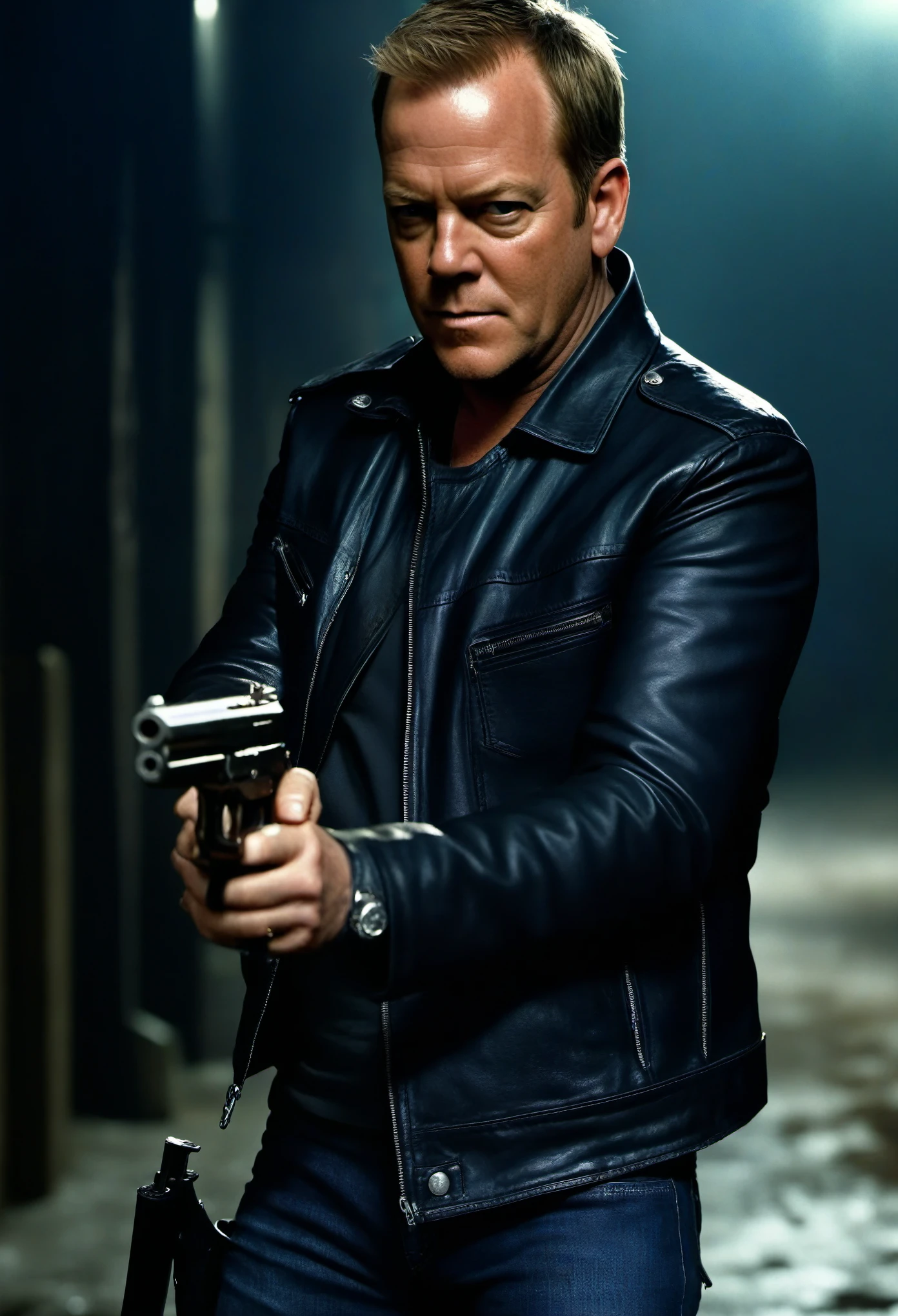 (Ultra detailed), (masterpiece), (best quality), (very detailed CG unit 8k wallpaper), kiefer sutherland as Jack Bauer, holding a gun and aiming it, dark blue jeans, black leather jacket, dim lighting, dark alley, realistic photo dark, cinematic, highly detailed, stylized wallpaper, cowboy shot, Cinematic Hollywood Film