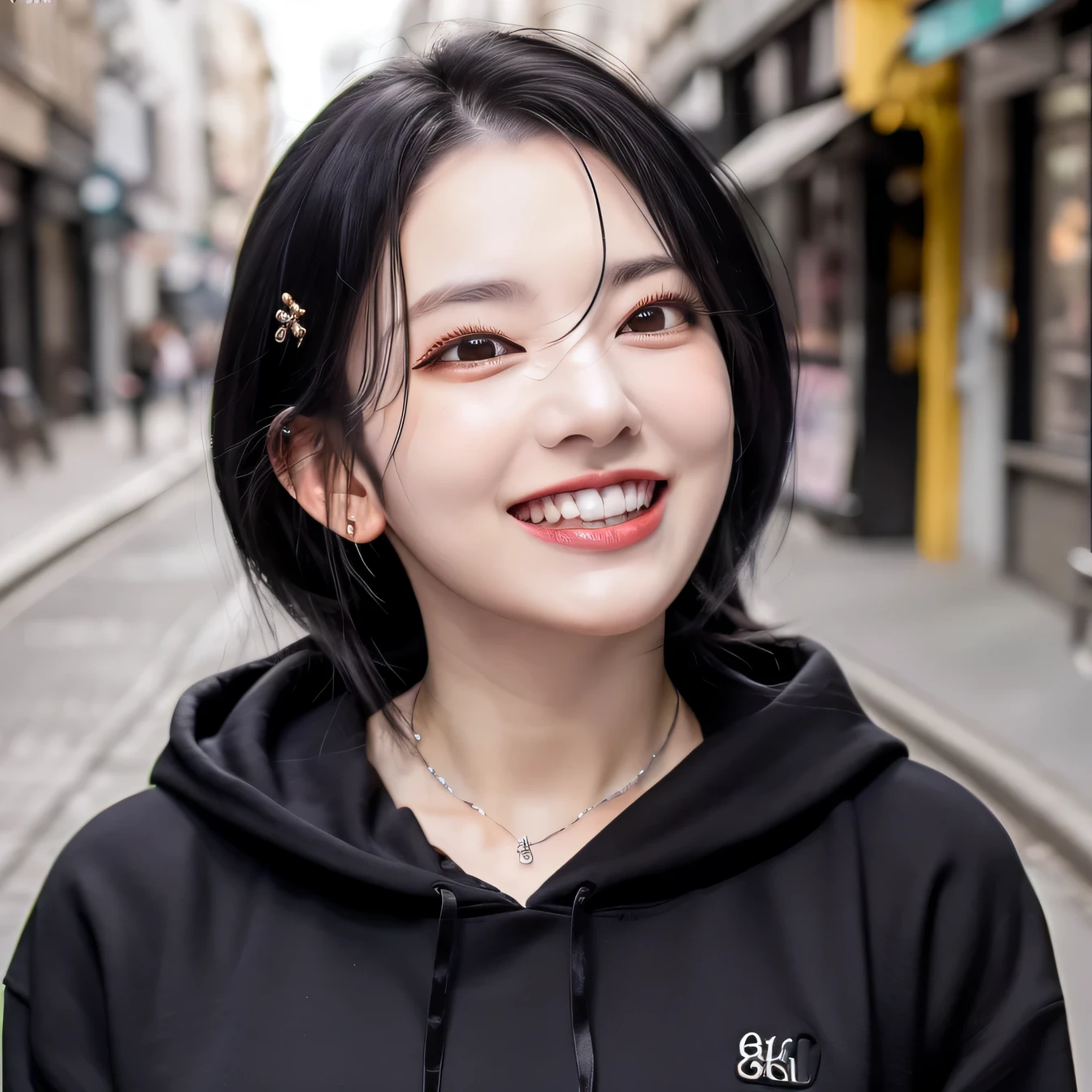 ((highest quality、8K、masterpiece:1.3))、self snap、beautiful woman with perfect figure:1.4、、hoodie、black hair、smile、beautiful teeth、necklace around neck、ear piercing、dark eyeliner、in the street、Highly detailed face and skin texture、detailed eye、double eyelid、laughter:1.5、Full body Esbian
