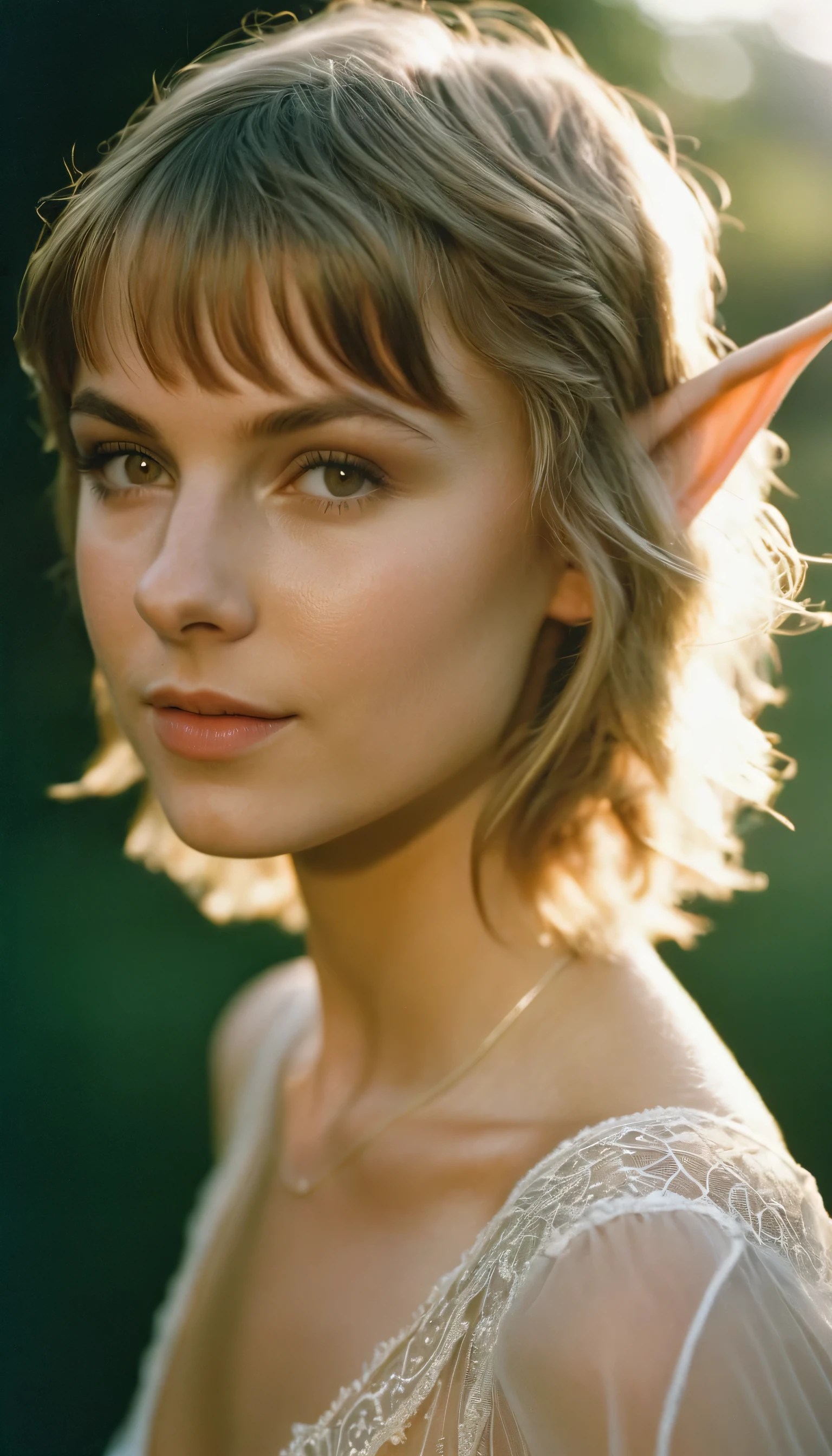 analog film photo, photo of a elven girl, mid-twenties, (vintage undergarments:1.1), elf, elf ears, long pointy ear tips, shaggy bob haircut, light-brown sun-tanned skin, sweaty, pretty, natural beauty, resembles Taylr Swift, RAW Photograph, dslr, soft lighting, high quality, film grain, Fujifilm XT3, detailed skin with visible pores, insane details, masterpiece, 8k, 35mm photograph, dslr, kodachrome, faded film, desaturated, 35mm photo, grainy, vintage, Kodachrome, Lomography, stained, highly detailed, found footage, close-up shot, elven ears