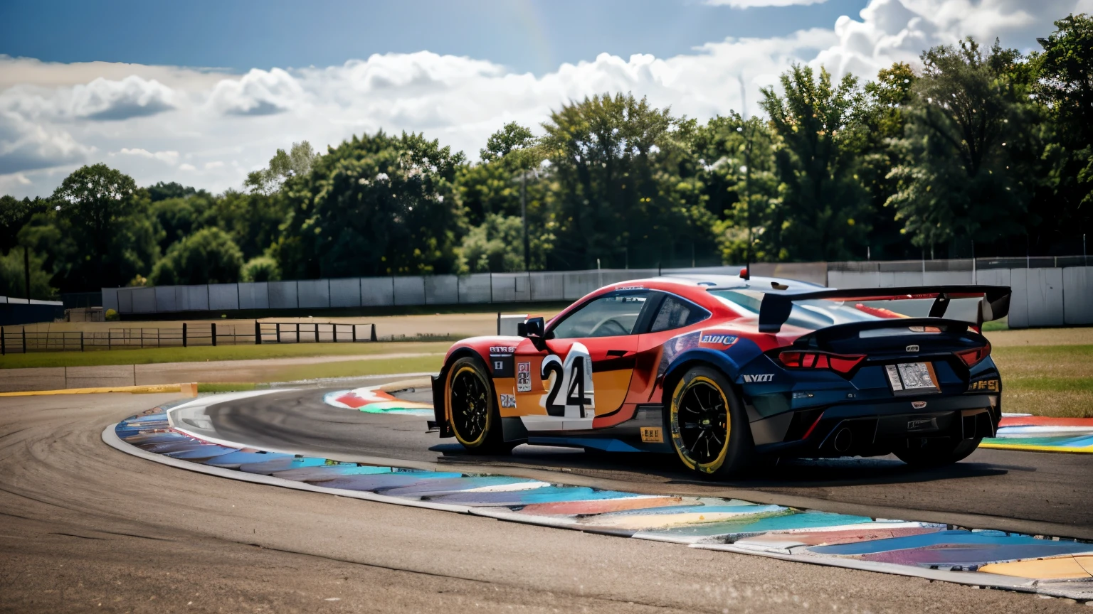 Rainbow-colored racing car on the race track