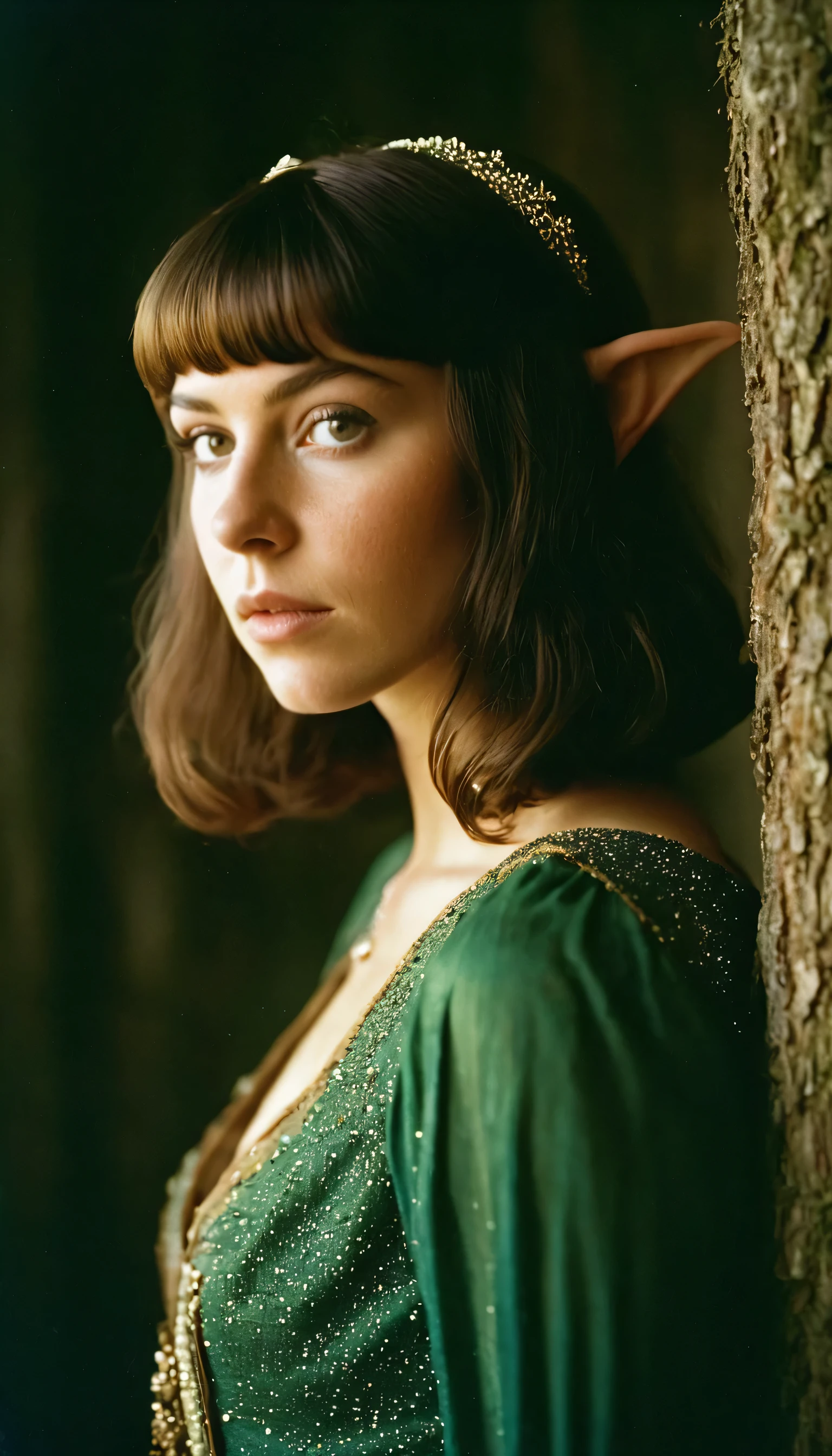 analog film photo, photo of an elven girl, 37 years-old, shaggy bob haircut, elf ears, pointy ear tips, freckles and tan lines, pretty, beautiful, big bust, narrow waist, wide hips, thick ass-cheeks, massive bubble-butt, thick thighs, hourglass figure, resembles Mary Elizabeth Winstead, sweaty, sweat glistening on skin, wearing a Medieval cotehardie, fully clothed, RAW Photograph, dslr, soft lighting, high quality, film grain, Fujifilm XT3, detailed skin with visible pores, insane details, masterpiece, 8k, 35mm photograph, dslr, kodachrome, faded film, desaturated, 35mm photo, grainy, vintage, Kodachrome, Lomography, stained, highly detailed, found footage, sideview camera angles, profile shot, upskirt