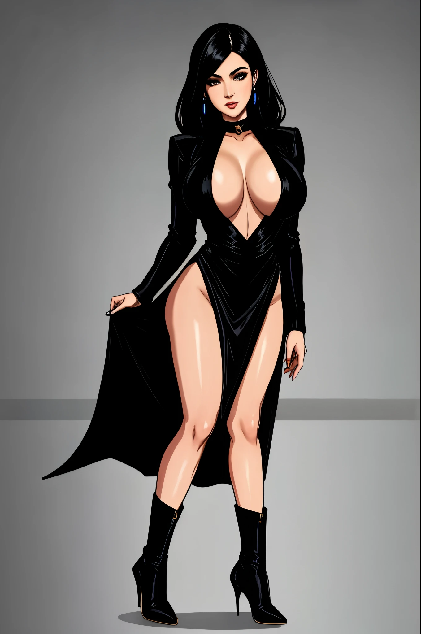 black dress. legslit, black hair, gorgeous sorceress, high heels, black boots