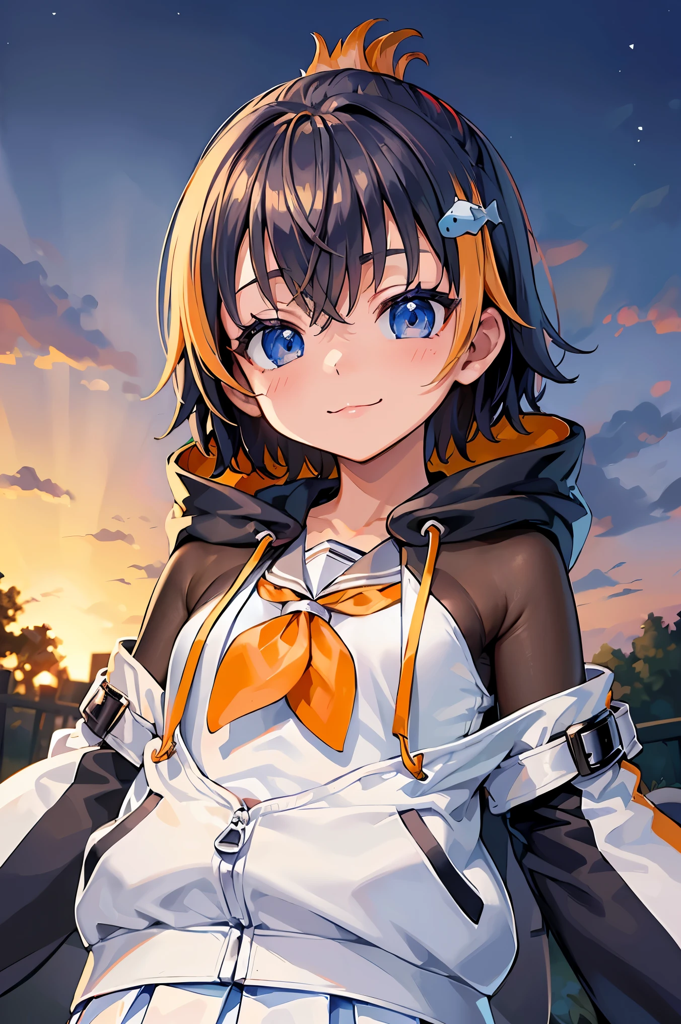 (masterpiece,highest quality,ultra high resolution),(perfect face, perfect hands),(gurin1st, fish hair ornament, hoodie, white hoodie, penguin hood, sleeves past fingers, sailor collar, white skirt),(innocent smile:1.2),(small breasts),(Upper body),(garden,date),