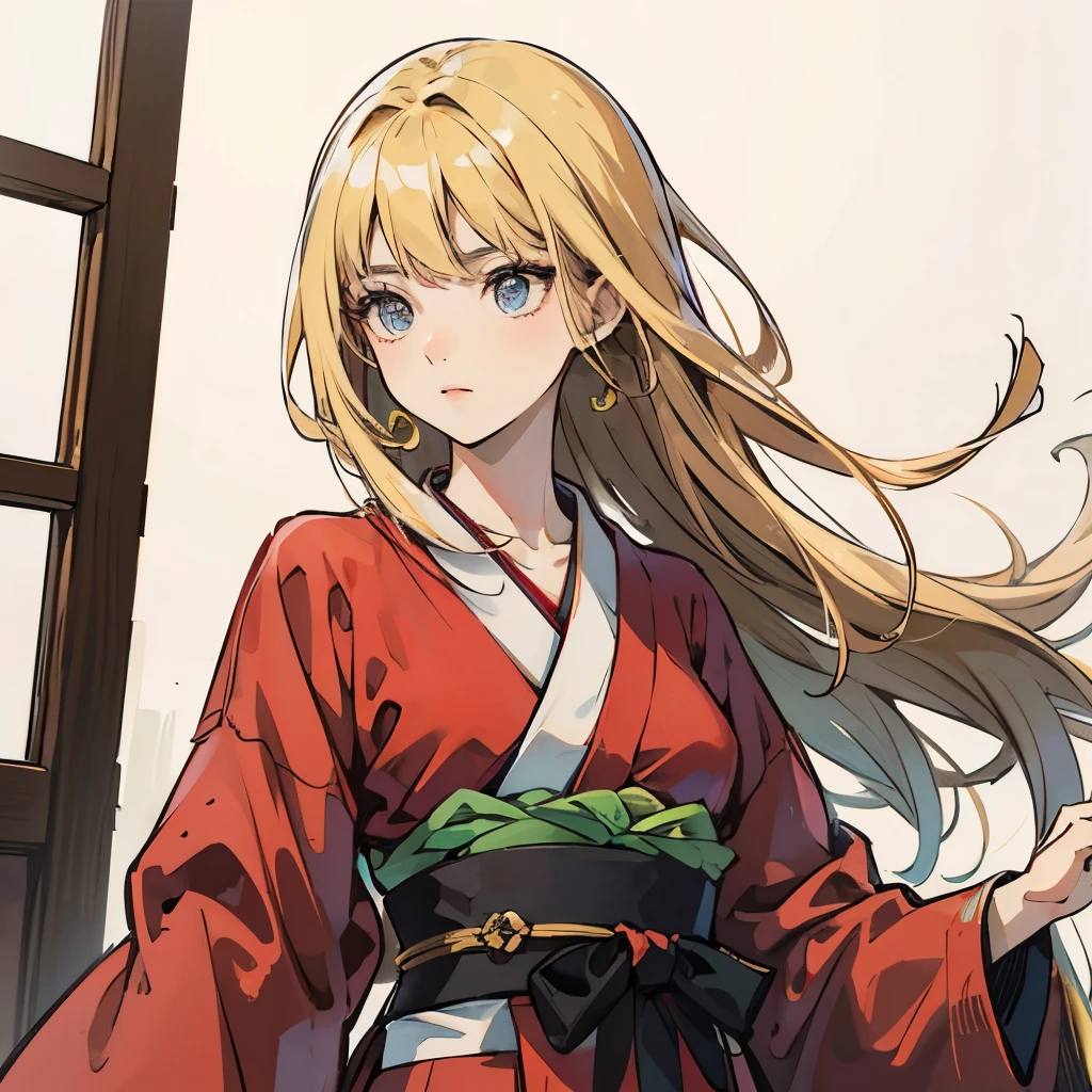 1 garota,Melhor qualidade, obra de arte, high resolution, 1 garota espadachin, sozinha, com roupas japonesas, katana in hand, her hair is long blonde, seus olhos escuros, seu cabelo preso com presilhas e joias, aldeia japonesa no fundo com nenhuma pessoa.