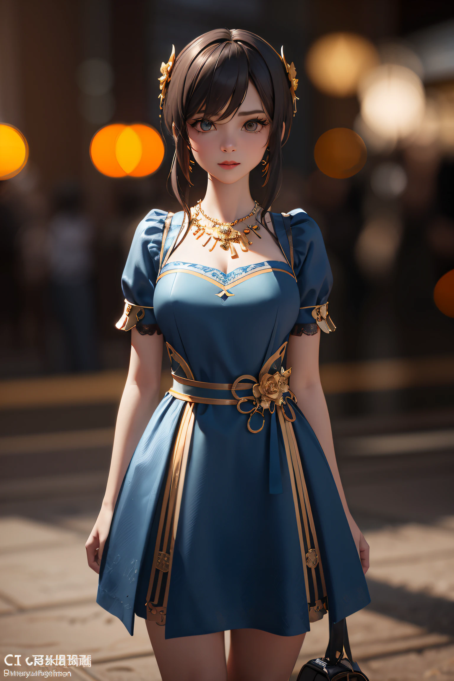 usando um vestido azul、Mulher Alafid usando cinto e colar de ouro, 8k 3D rendering character art, Popular topics on cgstation, chengwei pot at art station, Inspirado em Lanying, 8k artistic german bokeh, Arte detalhada de alta qualidade em 8K, deviantart art station cgsscosiety, sociedade cg 8k, sociedade cg 8k