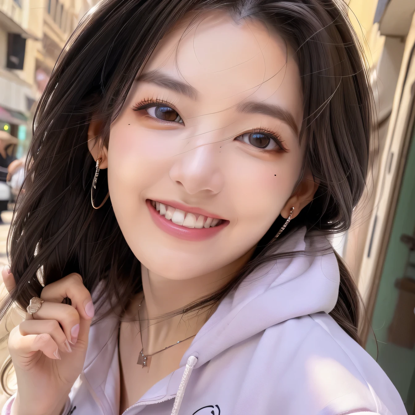 ((highest quality、8K、masterpiece:1.3))、self snap、beautiful woman with perfect figure:1.4、、hoodie、black hair、smile、beautiful teeth、necklace around neck、ear piercing、dark eyeliner、in the street、Highly detailed face and skin texture、detailed eye、double eyelid、laughter:1.5、Full body Esbian