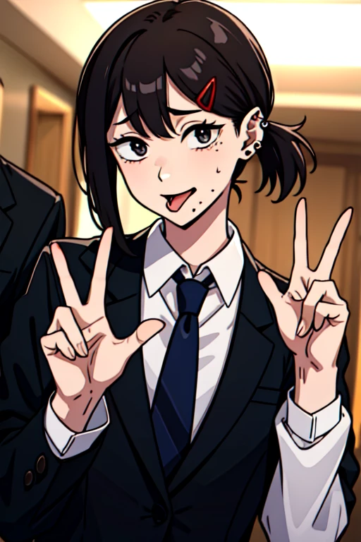 sticking out tongue、Tongue piercing、suit、tie、peace sign