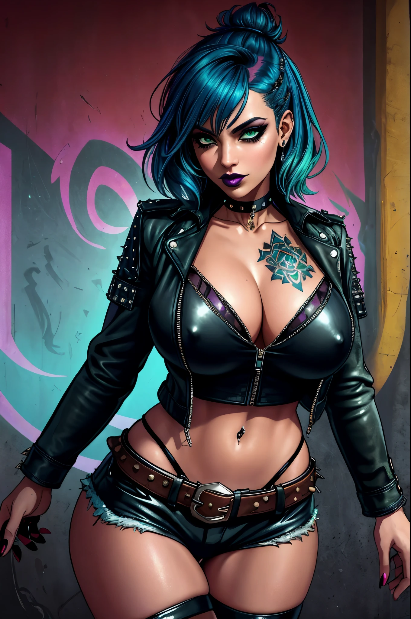 (a dark-toned,high-contrast image,)punk sorceress,leather jacket,ripped fishnet stockings,studded choker,edgy makeup,glowing green eyes,dark lips,dramatic lighting,urban graffiti background,colored smoke,electric blue hair,chain bracelet,distressed boots,spellbook,crystal ball,enchanted tattoos,mystical energy, There is a sense of mystery and power surrounding her as she stands confidently in the midst of the urban chaos. The punk sorceress exudes a rebellious yet captivating aura with her leather jacket, ripped fishnet stockings, and studded choker. Her edgy makeup accentuates her glowing green eyes and dark lips, making her look fierce and enchanting. The dramatic lighting casts intriguing shadows on her face, emphasizing her ethereal features. The graffiti-covered wall behind her serves as a striking backdrop, adding to the urban vibe of the image. Colored smoke swirls around her, creating an otherworldly atmosphere. Her electric blue hair flows in wild waves, framing her face in a mesmerizing way. She wears a chain bracelet and distressed boots, showcasing her bold sense of style. In one hand, she holds a spellbook, symbolizing her connection to ancient magic and arcane knowledge. In her other hand, she delicately cradles a crystal ball, through which she sees glimpses of the future. Enchanted tattoos adorn her arms, shimmering with mystical energy. This punk sorceress is a force to be reckoned with, blending the worlds of punk and magic in a captivating and powerful way. With her unrivaled style and mysterious abilities, she is an embodiment of creativity and individuality. The artwork is of the best quality, with ultra-detailed features and realistic rendering. The colors are vivid and eye-catching, with an emphasis on bold and contrasting tones. The lighting adds depth and intensity to the image, creating a visually stunning composition. The overall result is a masterpiece that combines the aesthetics of punk culture with the allure of sorcery, resulting in