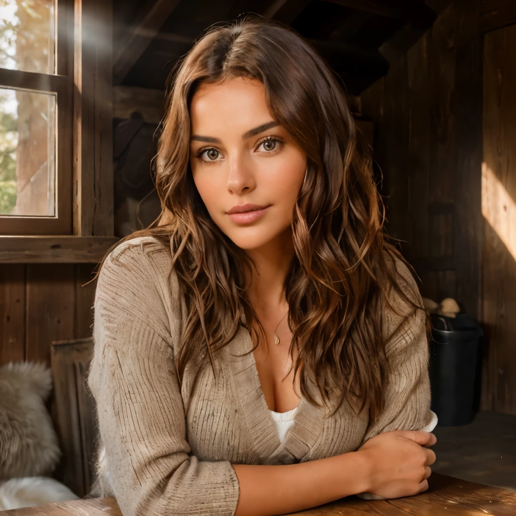 Detailed portrait of a beautiful rural woman, mulher fazendeira, sitting at a worn wooden table, surrounded by the warmth of a cozy, sunlit room. She is in her late thirties, with a radiant, honest face, framed by natural, wavy auburn hair. Her deep, expressive brown eyes hold a spark of wisdom and experience. The scene is set in a small, rustic countryside house, with wooden beams and windows revealing mature trees outside. The lighting is soft and warm, capturing the essence of a peaceful and nostalgic moment in time. Resolution: 4k, Photorealistic, Maximum Detail, Realistic, Post-processing, Ul