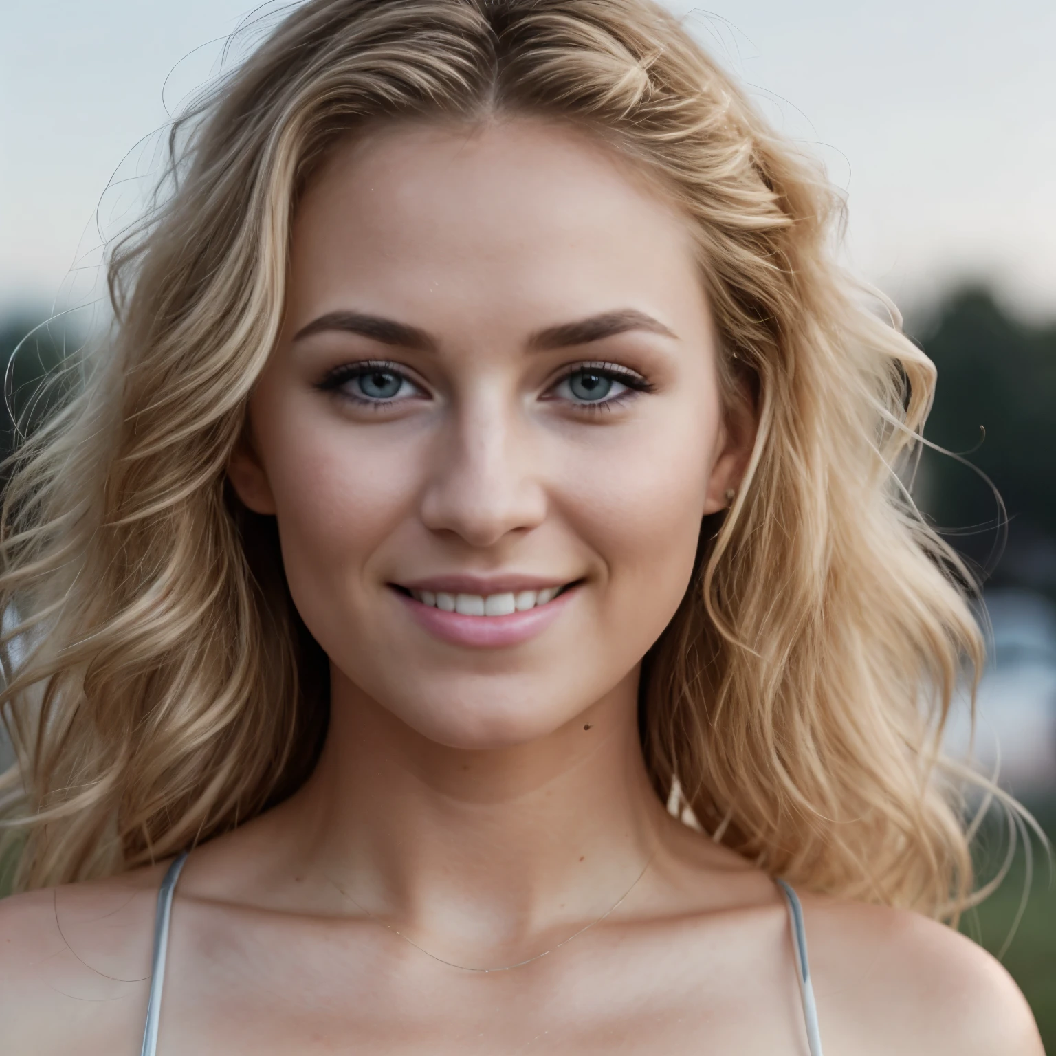 Close-up image of a beautiful American woman, around 30 years old, with her hair casually styled in loose curls, transformed into golden blonde locks under the cinematic light. Ultra-detailed and RAW style, best quality, visible pores and film grain added for an authentic analog feel. Cheerful expression and clear sky in the background, adding to the overall radiant and happy vibe. Side-lighting and ultra high resolution, with a subtle focus on her eyes and lips, completing the transformation to an enchanting blonde bombshell.