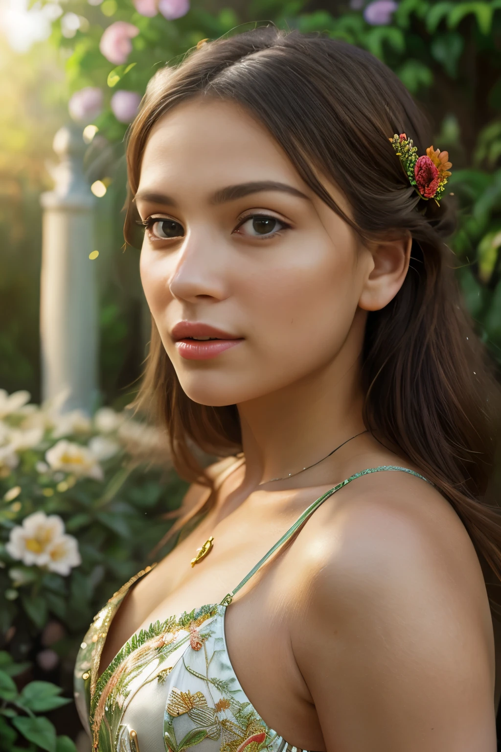 A beautiful girl with extremely detailed eyes and face, tantalizingly detailed lips, is depicted in a painting. The renderized 3D image showcases this masterpiece as ultra-detailed and realistic. This professional artwork radiates with vivid colors, employing HDR and studio lighting techniques. The background bowers with vibrant hues in a warm color scheme, illuminated by natural lighting. The bokeh effect add an enchanting depth to the portrait-style scene, merging elements of both garden and landscape art.