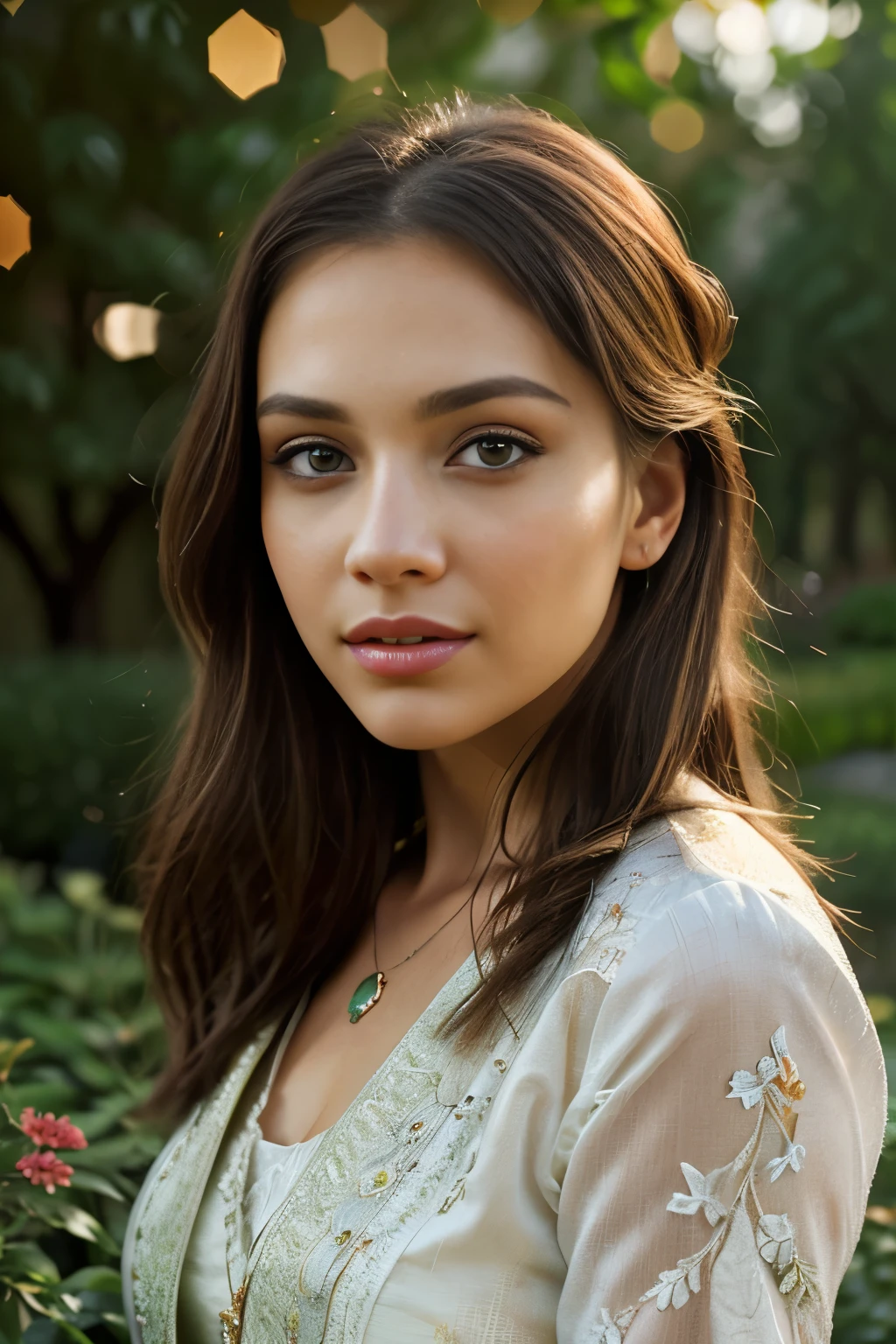 a beautiful woman, detailed face, beautiful detailed eyes, beautiful detailed lips, extremely detailed face and eyes, longeyelashes, 1 girl, elegant dress, flowing hair, serene expression, beautiful garden, lush foliage, colorful flowers, warm sunlight, golden hour lighting, cinematic composition, dramatic lighting, vibrant colors, photorealistic, highly detailed, (best quality,4k,8k,highres,masterpiece:1.2),ultra-detailed,(realistic,photorealistic,photo-realistic:1.37),HDR,UHD,studio lighting,ultra-fine painting,sharp focus,physically-based rendering,extreme detail description,professional,vivid colors,bokeh,portrait