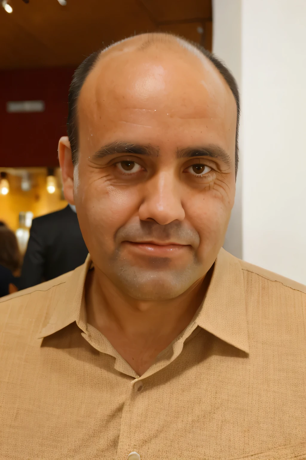 man of approximately 40 years old, brown eyes and hair, almost bald hair, smooth face. RAW photo (face detail), a full-length photo of a normal body, casual and sophisticated clothes, natural skin, standing in a cafe in Paris drinking coffee, high quality, cinematic, Fujifilm XT3, 16k