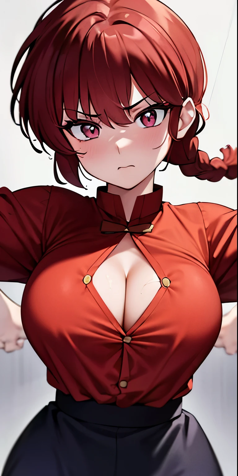 RanmaChan, standing, solo, large_breasts, single_braid, RanmaRedShirt, masterpiece, best quality, detailed face, detailed eyes, highres, perfect face, perfect body, perfect tits,(pov, closed shot:1.2),(upper body),(cleavage),(wet clothes)