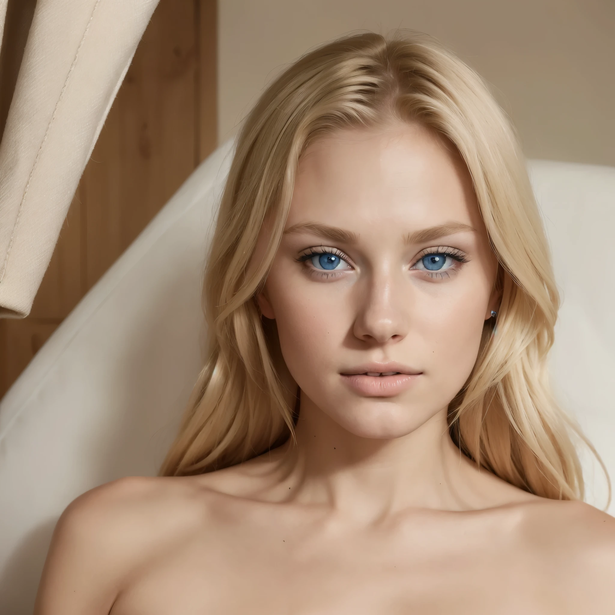 blond woman with blue eyes sitting in a chair with a white sheet, blonde hair blue eyes, blue eyes and blond hair, blonde hair and blue eyes, blonde hair and large eyes, soft portrait shot 8 k, portrait of a beautiful model, beautiful blonde girl, young blonde woman, photo of a beautiful woman, blond hair blue eyes, gorgeous young model