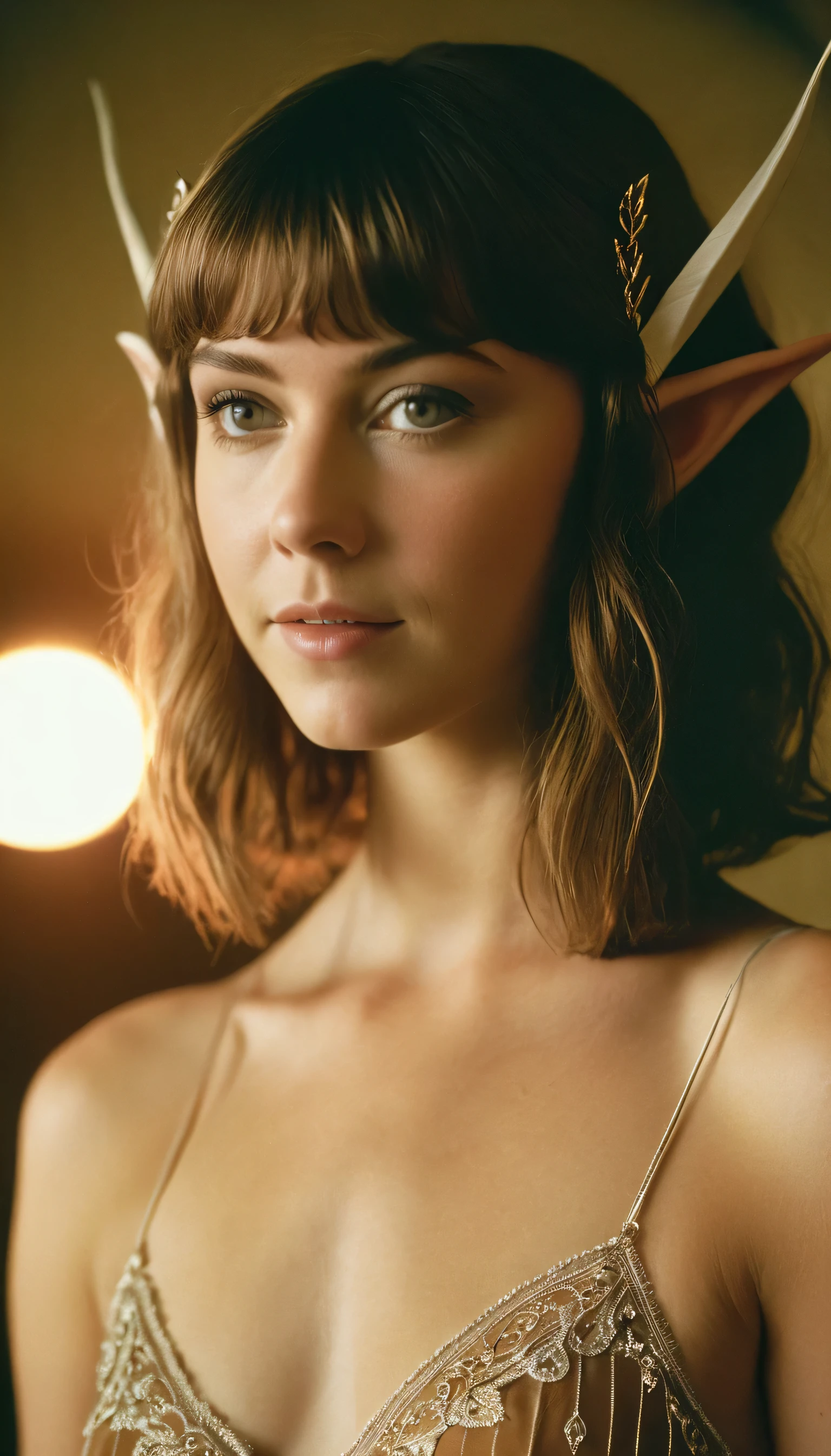 analog film photo, photo of a elven girl, mid-twenties, (vintage undergarments:1.1), elf, elf ears, long pointy ear tips, shaggy bob haircut, light-brown sun-tanned skin, sweaty, pretty, natural beauty, resembles Mary Elizabeth Winstead, RAW Photograph, dslr, soft lighting, high quality, film grain, Fujifilm XT3, detailed skin with visible pores, insane details, masterpiece, 8k, 35mm photograph, dslr, kodachrome, faded film, desaturated, 35mm photo, grainy, vintage, Kodachrome, Lomography, stained, highly detailed, found footage, elven ears