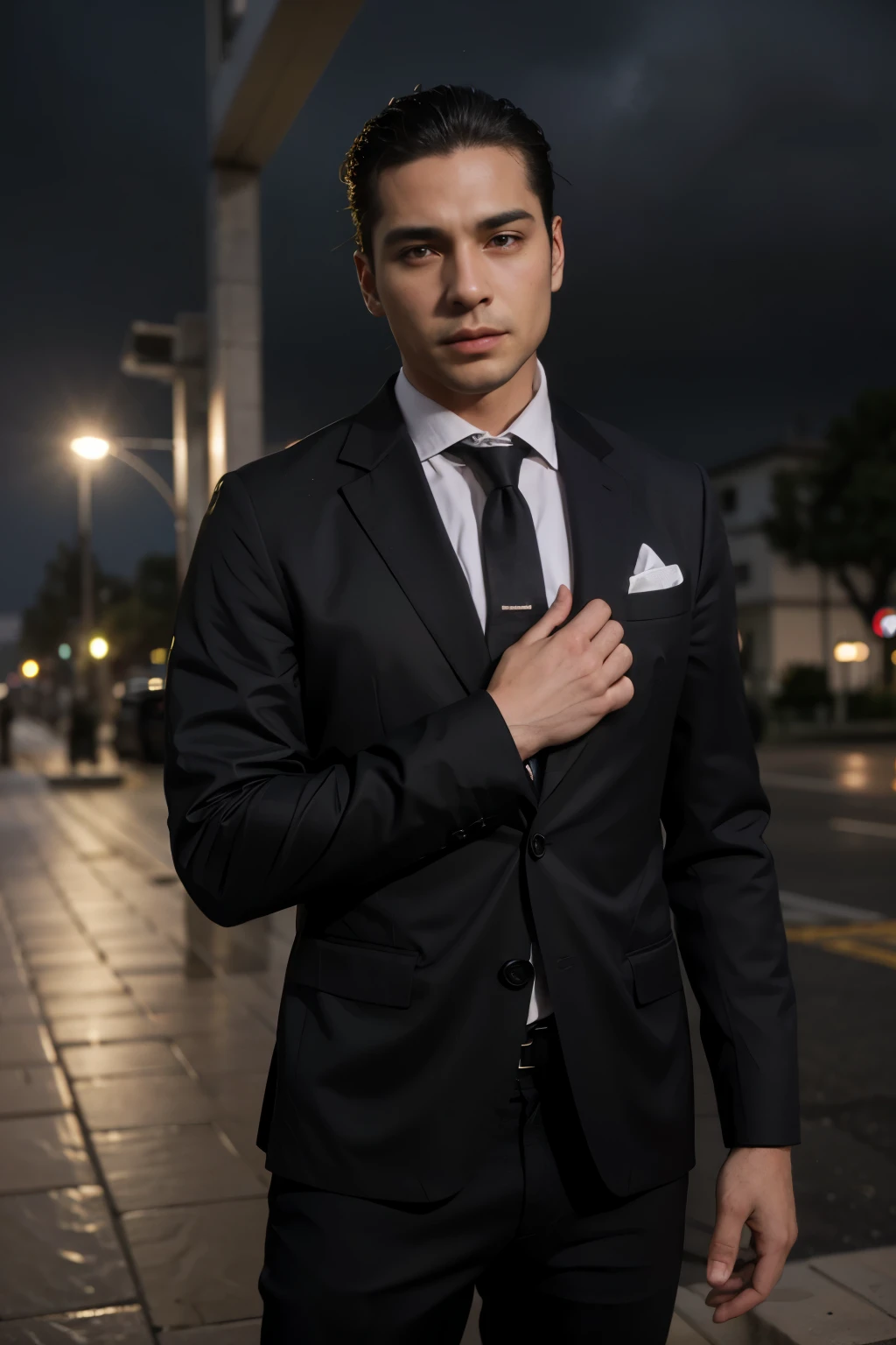 ((Mejor calidad)), ((obra maestra)), (detallado), cara perfecta un hombre con traje negro y corbata roja en la tormenta