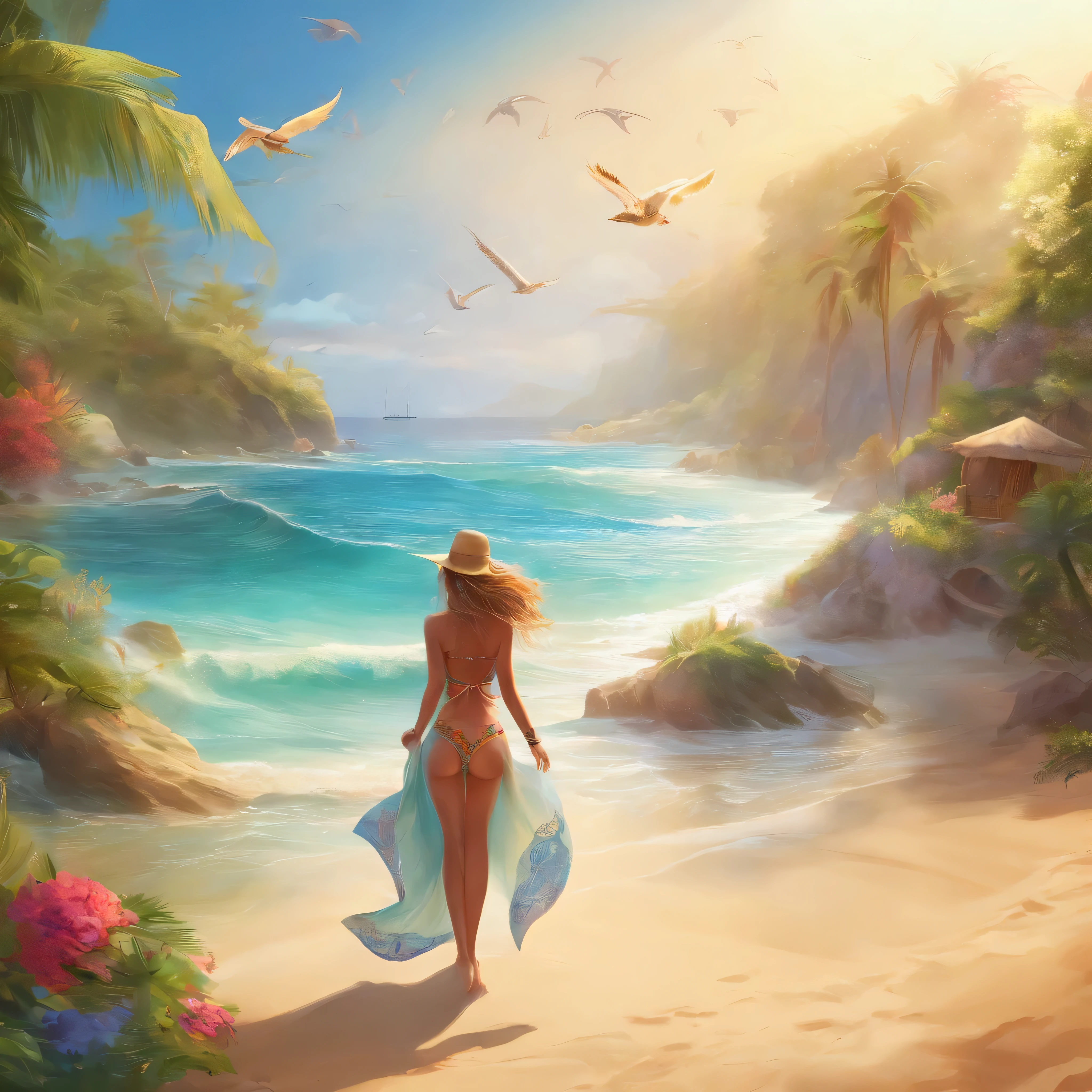 (best quality,4k,8k,highres,masterpiece:1.2),ultra-detailed,(realistic,photorealistic,photo-realistic:1.37),portraits,beach,swimsuits,girls posing,bluewater,sandy beach,warm sunshine,palm trees,lush greenery,tropical paradise,ocean waves,beautiful smiles,lively atmosphere,happiness,relaxation,vibrant colors,sun-kissed skin,straw hats,sunglasses,waves crashing,bikini babes,salty breeze,beach towels,playfulness,epic scenery,paradise on earth,summer vibes,seagulls,,exquisite details,lifelike faces,sparkling reflections,bliss,laughter,jubilation,motionless postures