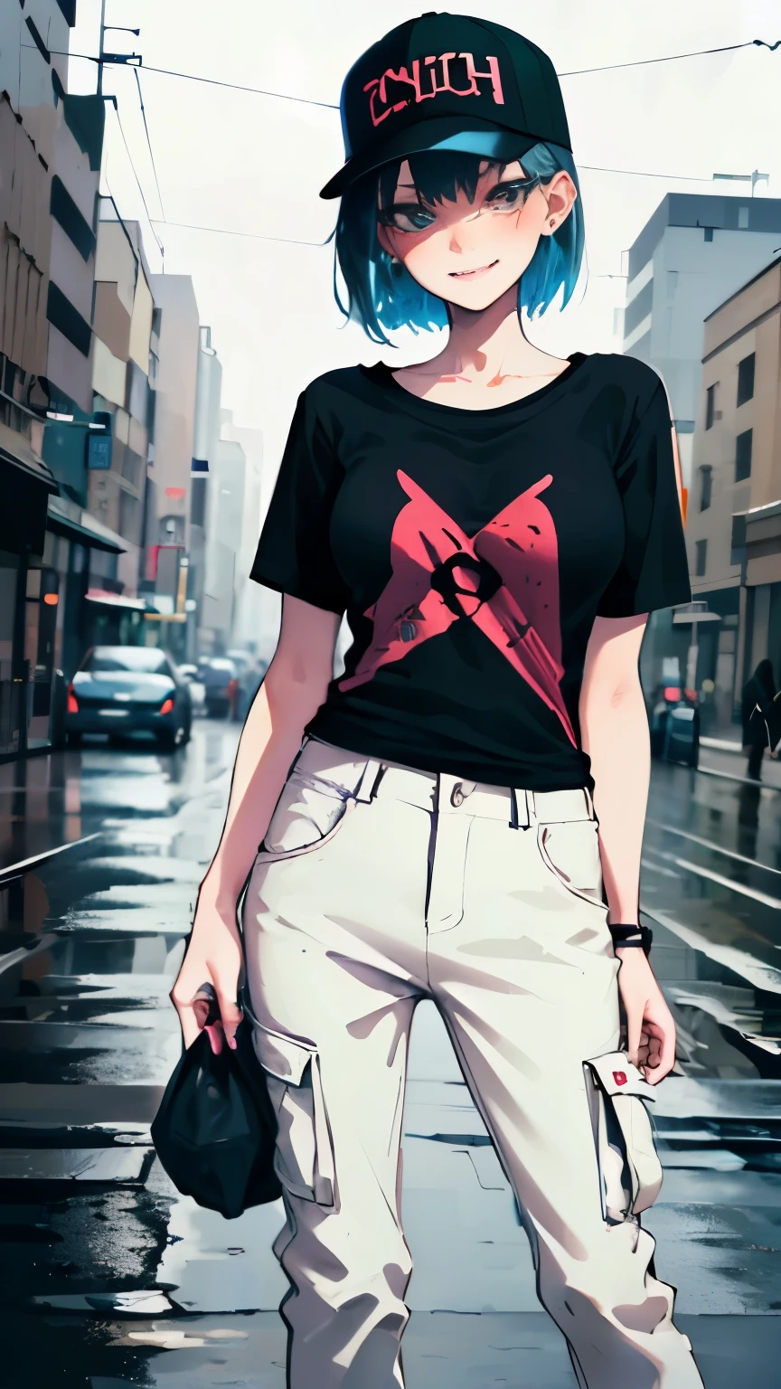 super resolution,
(realistic:1.3),
(1 slim girl), stylish girl, fashion,
young face, blush, (evil smile),
(slim) thigh,
baseball cap, earrings,
(black t-shirt), (baggy cargo pants),
gravure,
Rainy streets