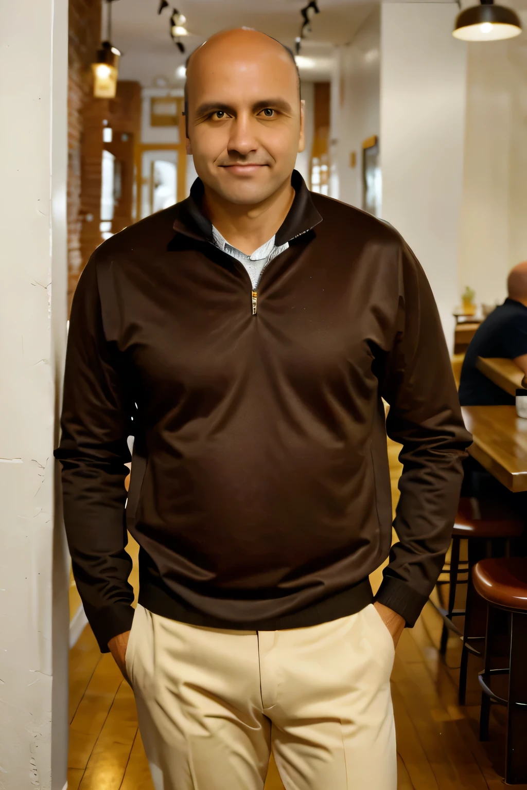 man of approximately 40 years old, brown eyes and hair, almost bald hair, smooth face. RAW photo (face detail), a full-length photo of normal body, casual and sophisticated clothes, natural skin, standing in a cafe in New York, high quality, cinematic, super realistic, Fujifilm XT3, 16k