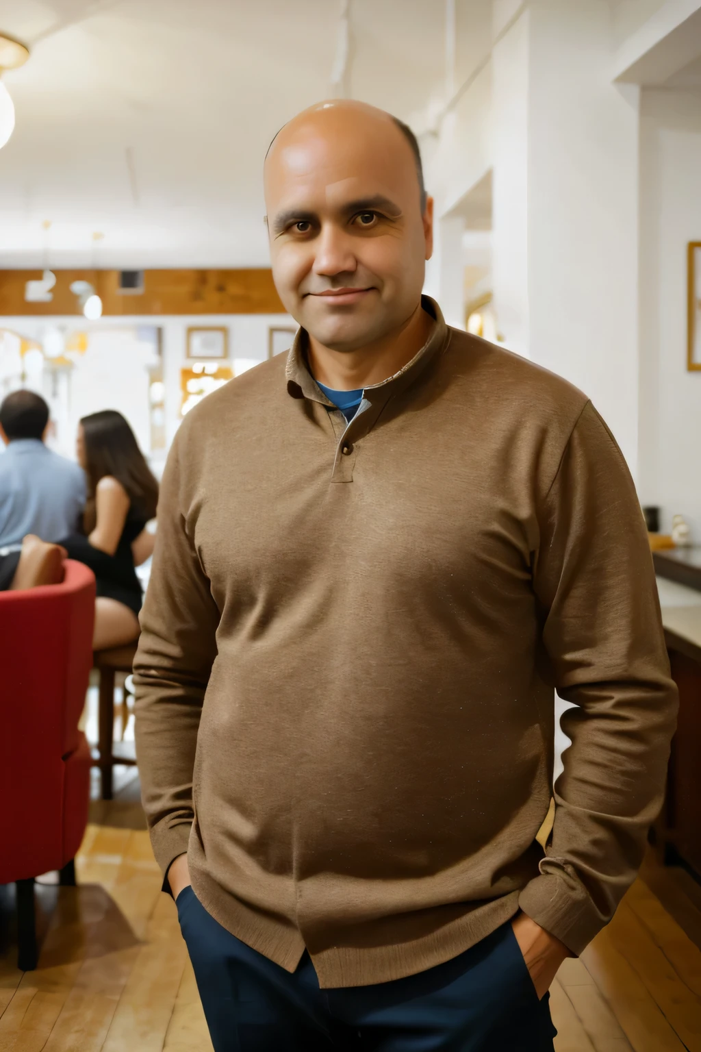 man of approximately 40 years old, brown eyes and hair, almost bald hair, smooth face. RAW photo (face detail), a full-length photo of normal body, casual and sophisticated clothes, natural skin, standing in a cafe in New York, high quality, cinematic, super realistic, Fujifilm XT3, 16k