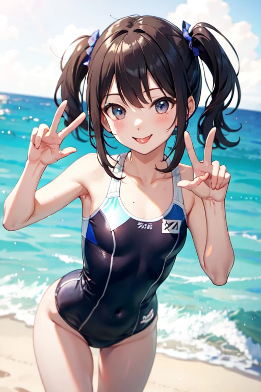 swimsuit、Hiding eyes、peace sign、sticking out tongue