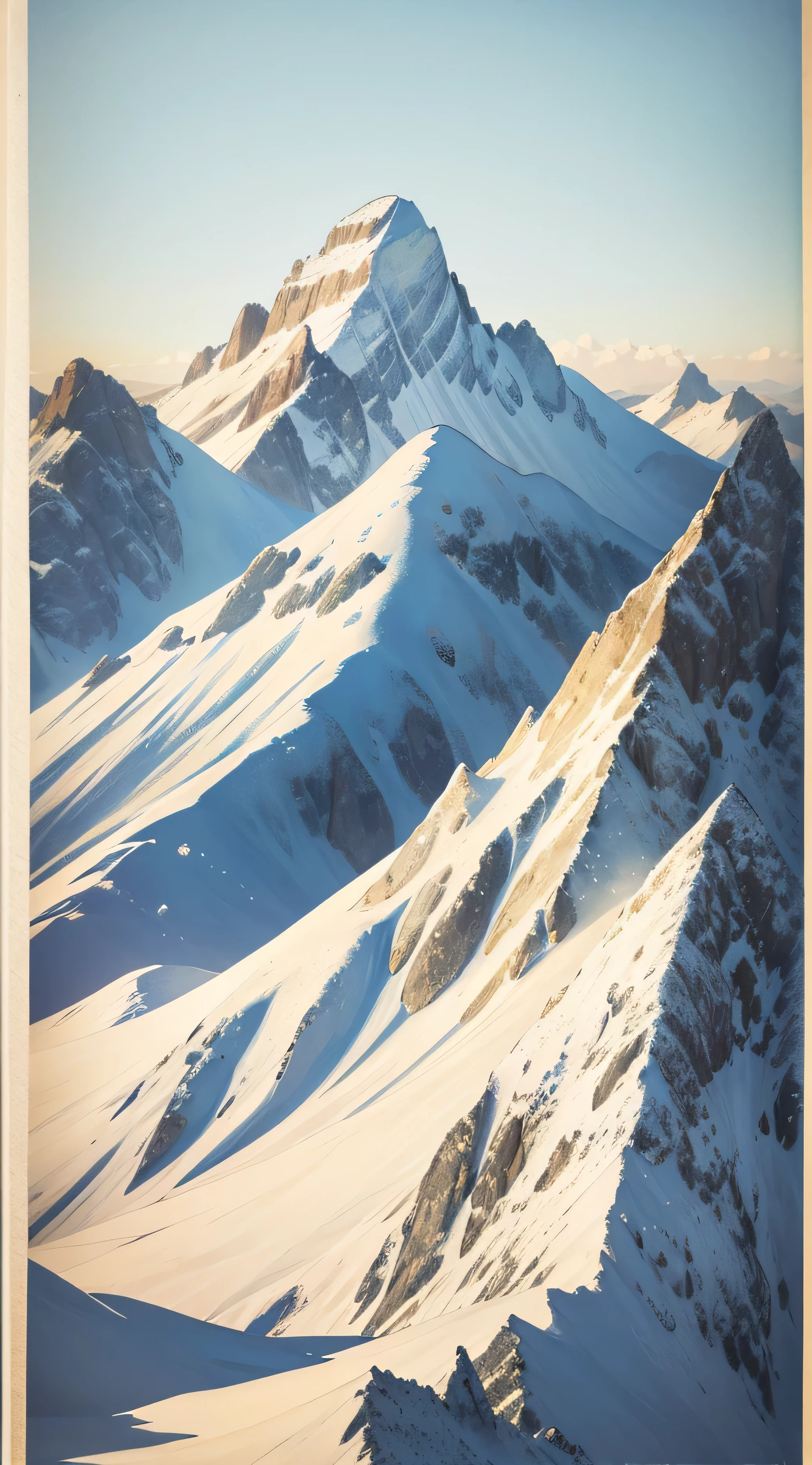 Samivel affiche, affiche vintage, Montagne de neige, vieille affiche, Old-fashioned poster. Inspired by Samivel (8k, highly quality, Hdr, esquisse) esquisse pastel, dessin esquisse, dessin pastel, couleur douce, couleur pastel.