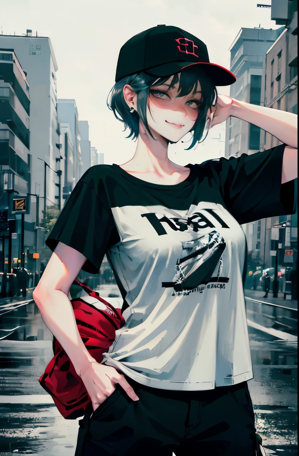 super resolution,
(realistic:1.3),
(1 slim girl), stylish girl, fashion,
young face, blush, (evil smile),
(slim) thigh,
baseball cap, earrings,
(black t-shirt), (baggy cargo pants),
gravure,
Rainy streets