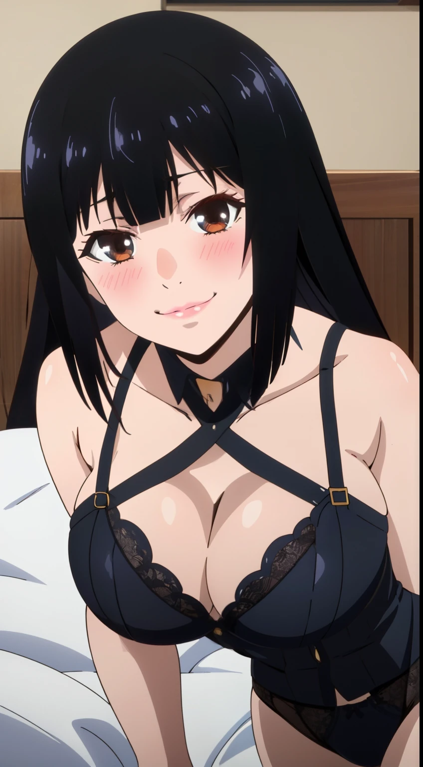 Super high quality CGI animation 8k, very detailed, Digital Art Painting, 1 girl, Happy, smile, looking at the viewer, blunt bangs blunt ends princess cut bangs, black hair, very long hair, ,underwear,exposed,,blush,near,bed,sexy pose,