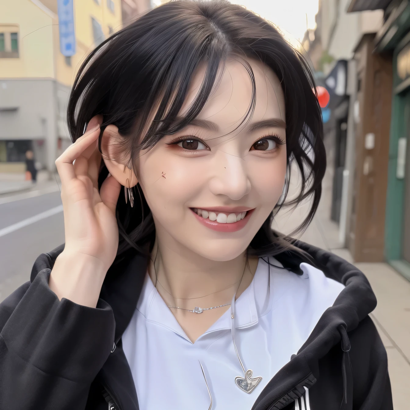 ((highest quality、8K、masterpiece:1.3))、self snap、beautiful woman with perfect figure:1.4、、hoodie、black hair、smile、beautiful teeth、necklace around neck、ear piercing、dark eyeliner、in the street、Highly detailed face and skin texture、detailed eye、double eyelid、laughter:1.5、Full body Esbian