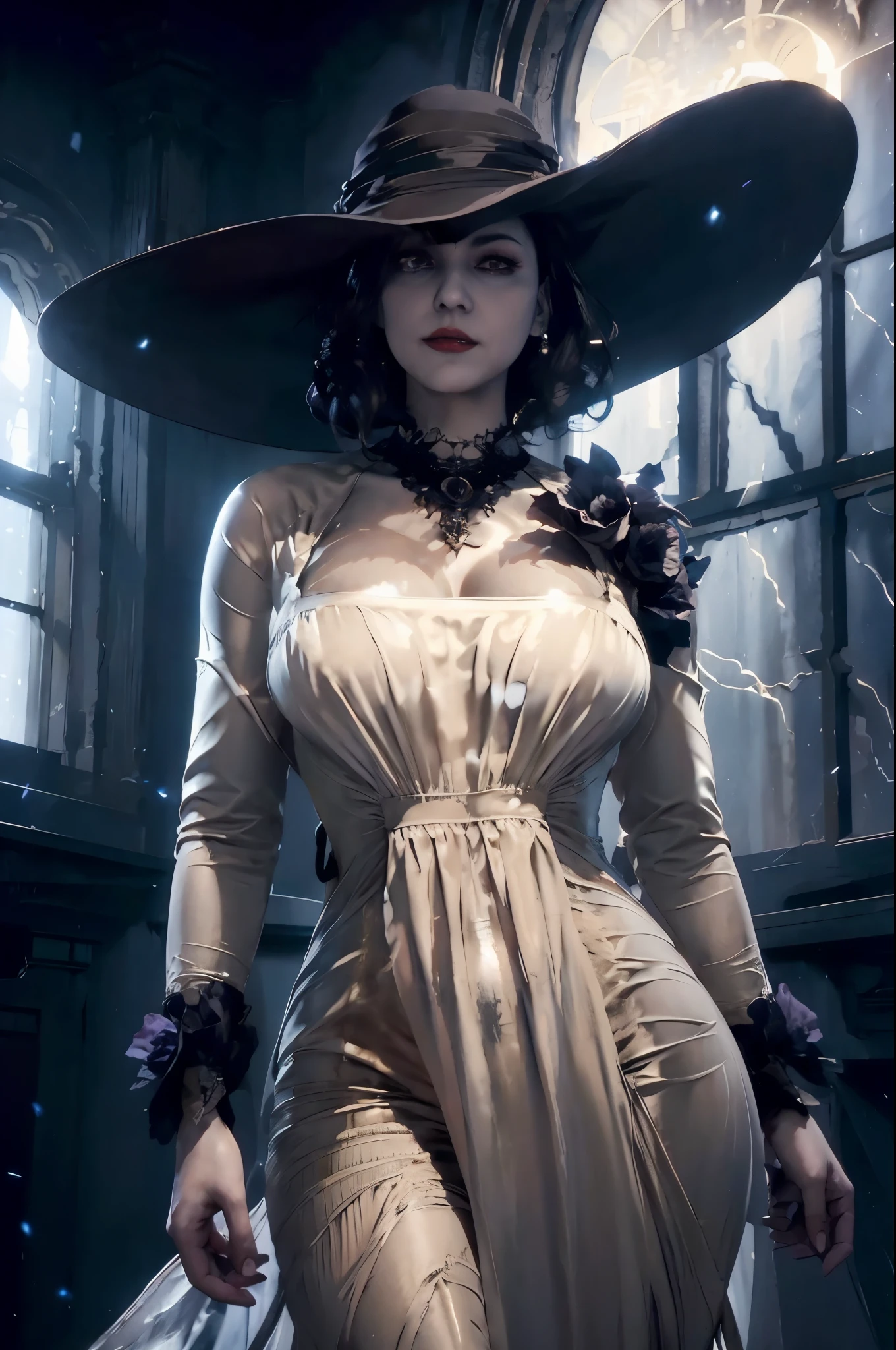 there is a woman in a dress and hat standing in a room, lady dimitrescu, alexandra fomina artstation, elegant victorian vampire, artgerm julie bell beeple, elegant cinematic fantasy art, style of raymond swanland, epic exquisite character art, epic and classy portrait, stunning cgsociety, stunning character art, 8k high quality detailed art