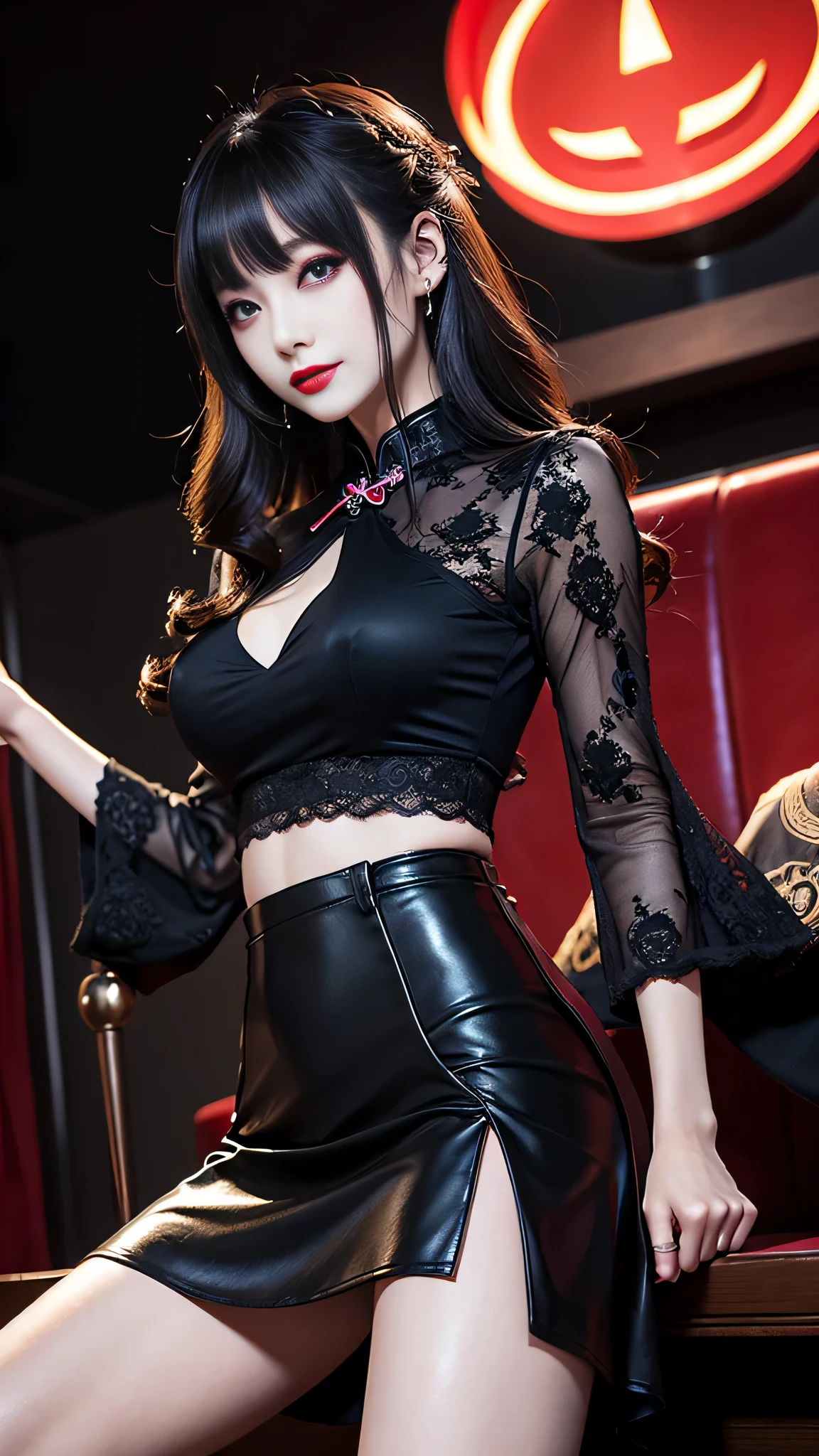 detailed、Japanese、charming beauty、seductive adult woman、Beautiful woman、sharp eyes、cool girl、wavy hair、flowing bangs、long black cheongsam、wide sleeve、Tight Skirt、evilの幹部、evil depravity、brainwashing、Mind control、lipstick、lip gloss、grin、evilな表情、evil、empty eyes、evil、night walk、vampire、Succubus、vampire、makeup brush