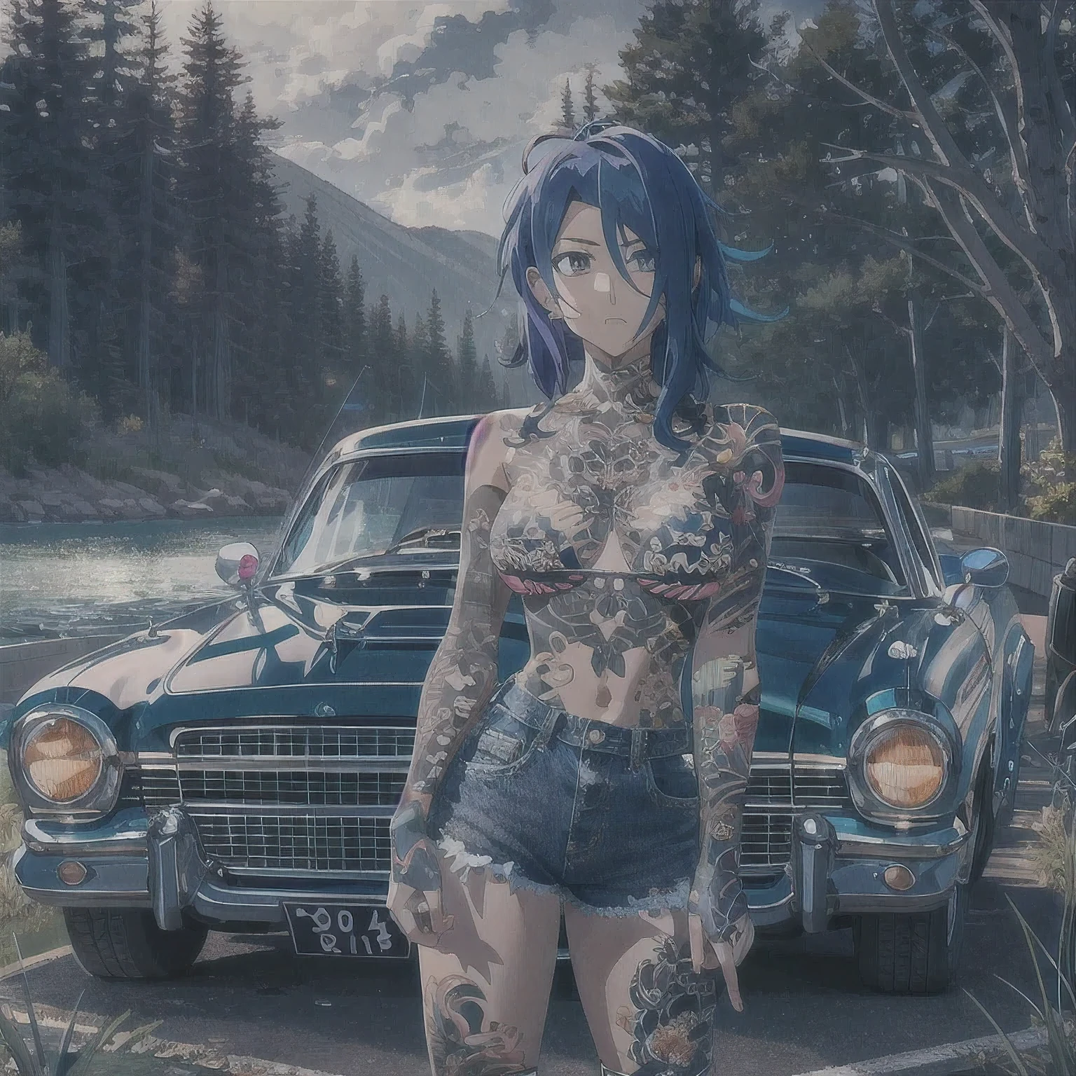 2 anime girls, topless, wearing blue panties, tattoos their chest, tattoo arms, standing next to a purple lowrider car, by the lake, wearing jeans shorts, 8k, full frame