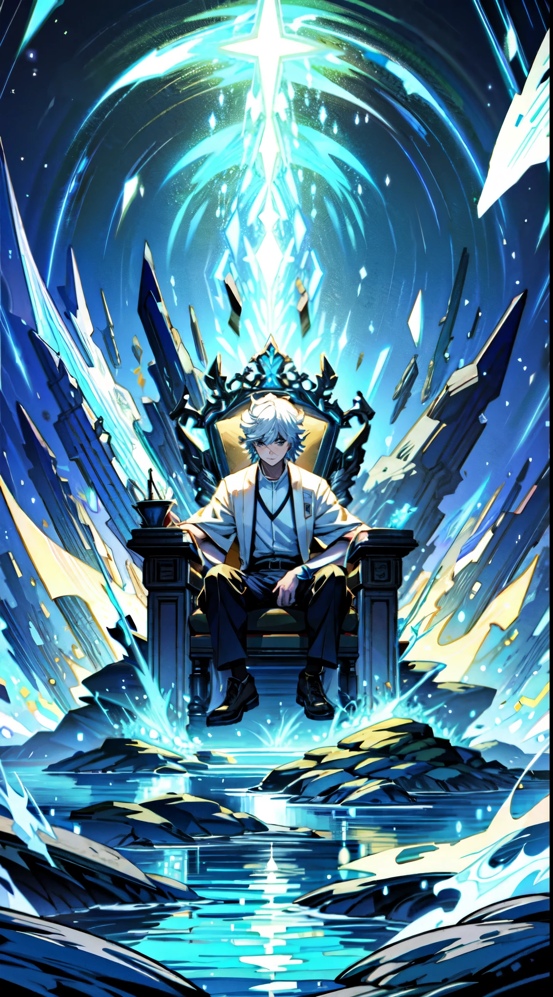 boy, god, white clothes, white hair, sitting on a throne made of precious stones, surrounded by an aura of power, energy, background: secret oasis, fake detail, trending pixiv fanbox, acrylic palette knife, style of makoto shinkai studio ghibli genshin impact james gilleard greg rutkowski chiho aoshima