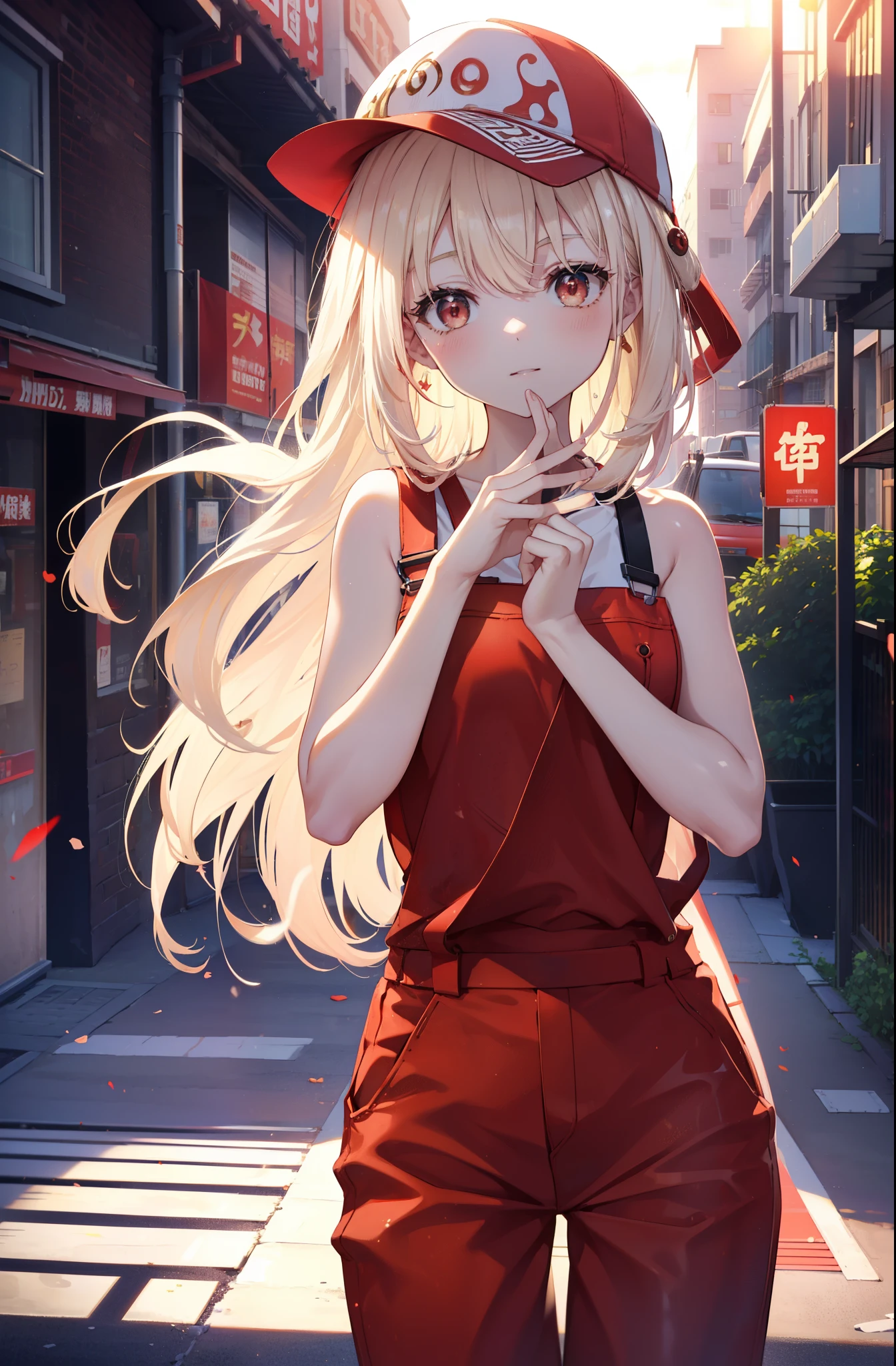 chisatonishikigi, nishikigi chisato, long hair, bangs, blonde hair, (red eyes:1.5), one side up,smile,blush,baseball cap,bare arms,Red Sleeveless Tank Top,Overalls with one handle coming off,sneakers,noon,Light of the sun,
break outdoors, city,building street,
break looking at viewer, (cowboy shot:1.5),
break (masterpiece:1.2), highest quality, High resolution, unity 8k wallpaper, (shape:0.8), (fine and beautiful eyes:1.6), highly detailed face, perfect lighting, Very detailed CG, (perfect hands, perfect anatomy),