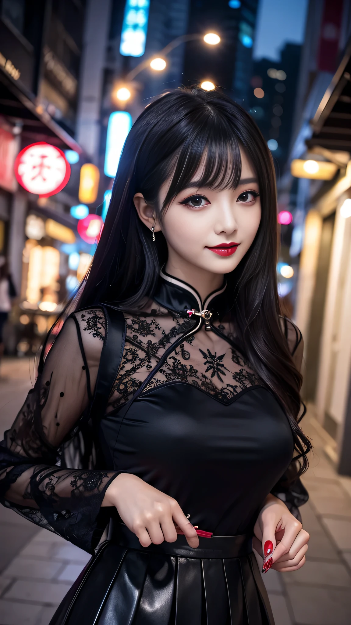 detailed、Japanese、charming beauty、seductive adult woman、Beautiful woman、sharp eyes、cool girl、wavy hair、flowing bangs、long black cheongsam、wide sleeve、Tight Skirt、evilの幹部、evil depravity、brainwashing、Mind control、lipstick、lip gloss、grin、evilな表情、evil、empty eyes、evil、night walk、vampire、Succubus、vampire、makeup brush