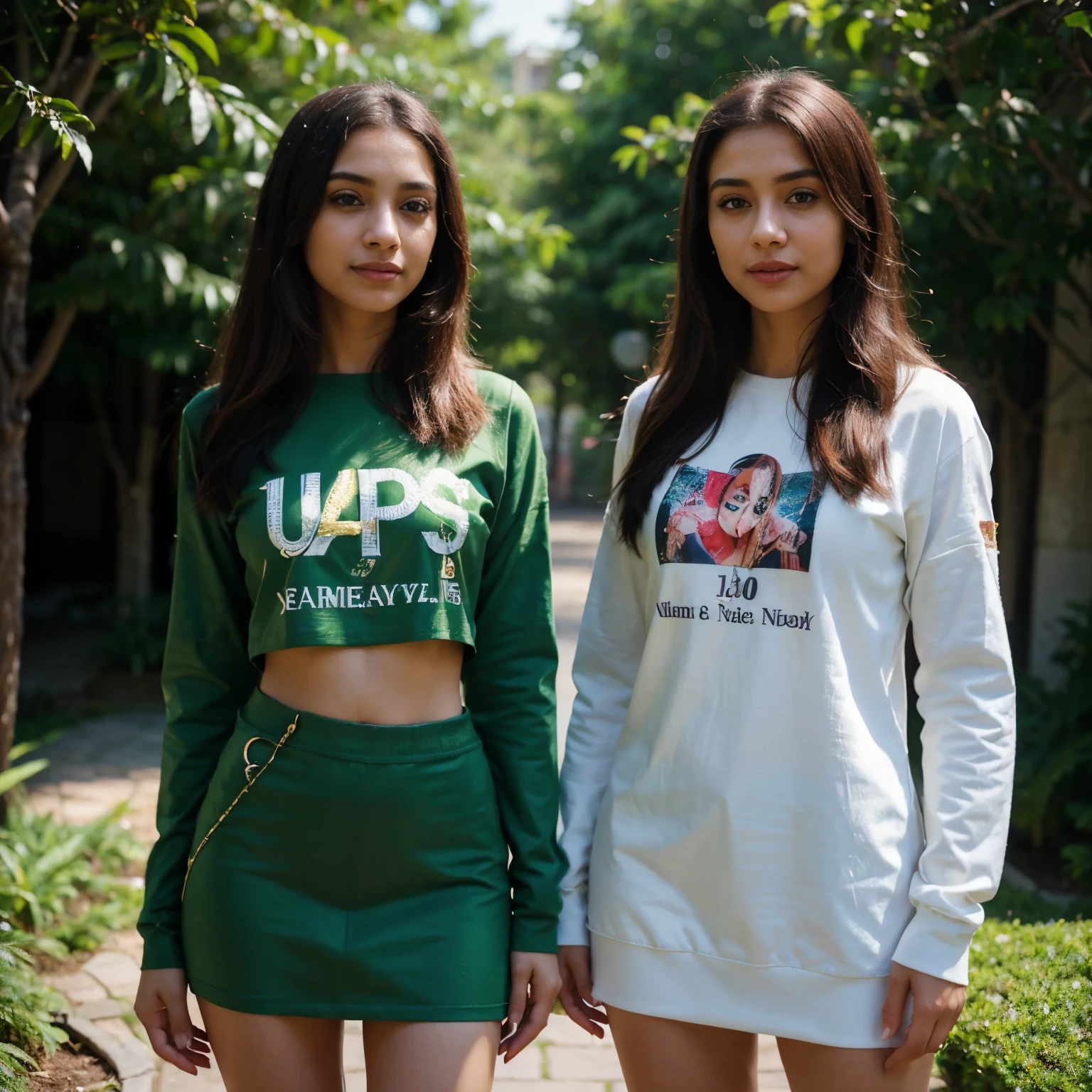 Muhammad and sadeeya wearing the same clothes with their names written on it,illustration,highly detailed characters with expressive eyes and lips,longeyelashes,2girls,beautiful,stylish clothing,standing together,smiling,green garden background,filled with vibrant colors,soft lighting. (best quality,4k,highres,masterpiece:1.2),ultra-detailed,realistic:1.37,professional,bokeh.