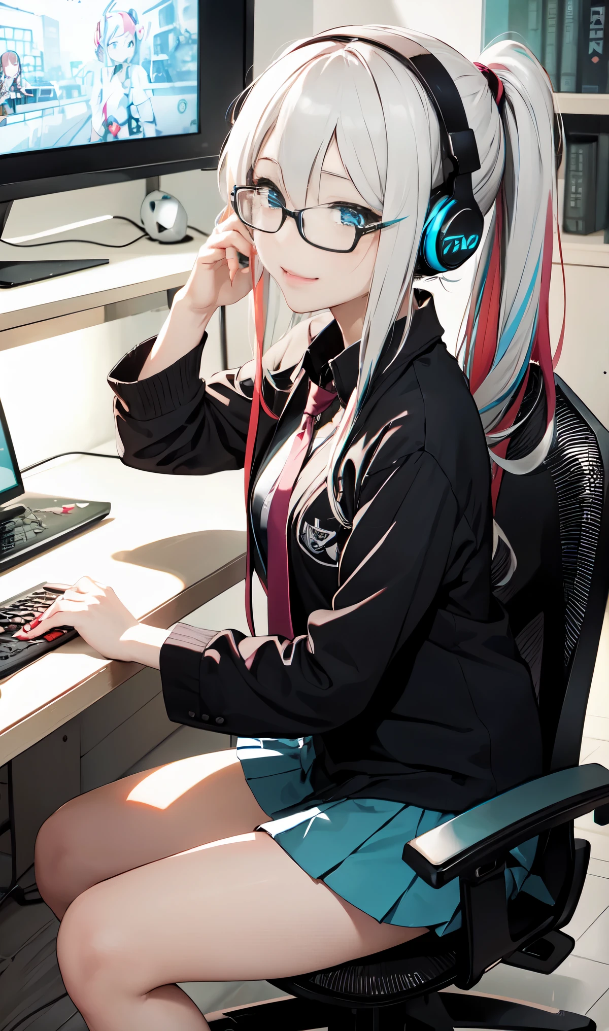 Hatsune Miku、ponytail、gradation color hair、tie hair、multicolored hair、Cut the seat、cross-eyed、pleated skirt、black shirt、messy hair、blunt bang cut、pleated skirt、black shirt、streaked hair、messy hair、Sloppy、cross-eyed、drunk、( fool / sexual ecstasy)、Glasses、highest quality, realistic, Super delicate illustration, beautiful and attractive anime girl, slender body, tied hair, one girl, girl pictures, full body shot, beautiful blue eyes, Gamer girl lying on a gaming chair, (Holding the game controller in one hand:1.1), perverted smile, (headphones on her head), game room, multiple gaming displays, playstation controller, masterpiece, best quality,