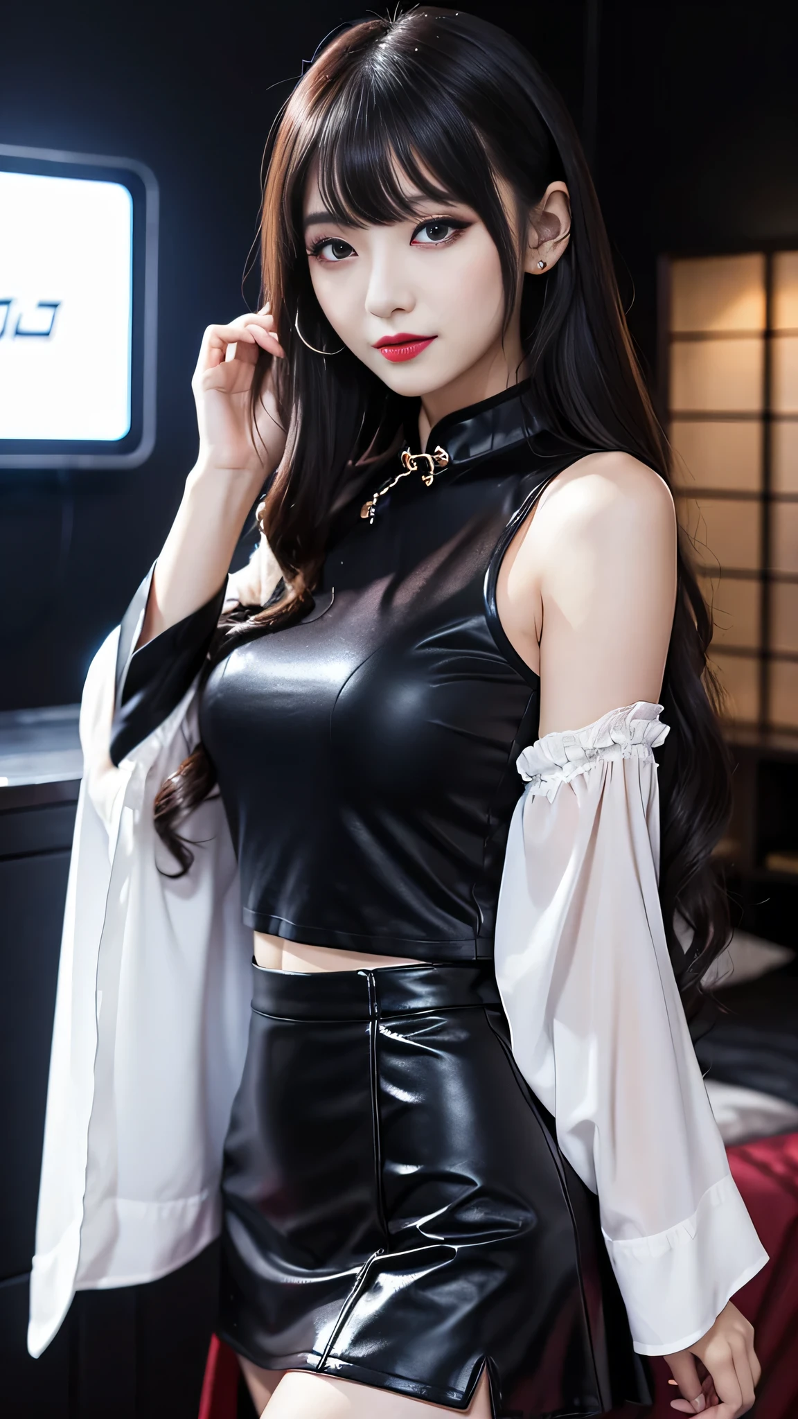 detailed、Japanese、charming beauty、seductive adult woman、Beautiful woman、sharp eyes、cool girl、wavy hair、flowing bangs、long black cheongsam、wide sleeve、Tight Skirt、evilの幹部、evil depravity、brainwashing、Mind control、lipstick、lip gloss、grin、evilな表情、evil、empty eyes、evil、night walk、vampire、Succubus、vampire、makeup brush