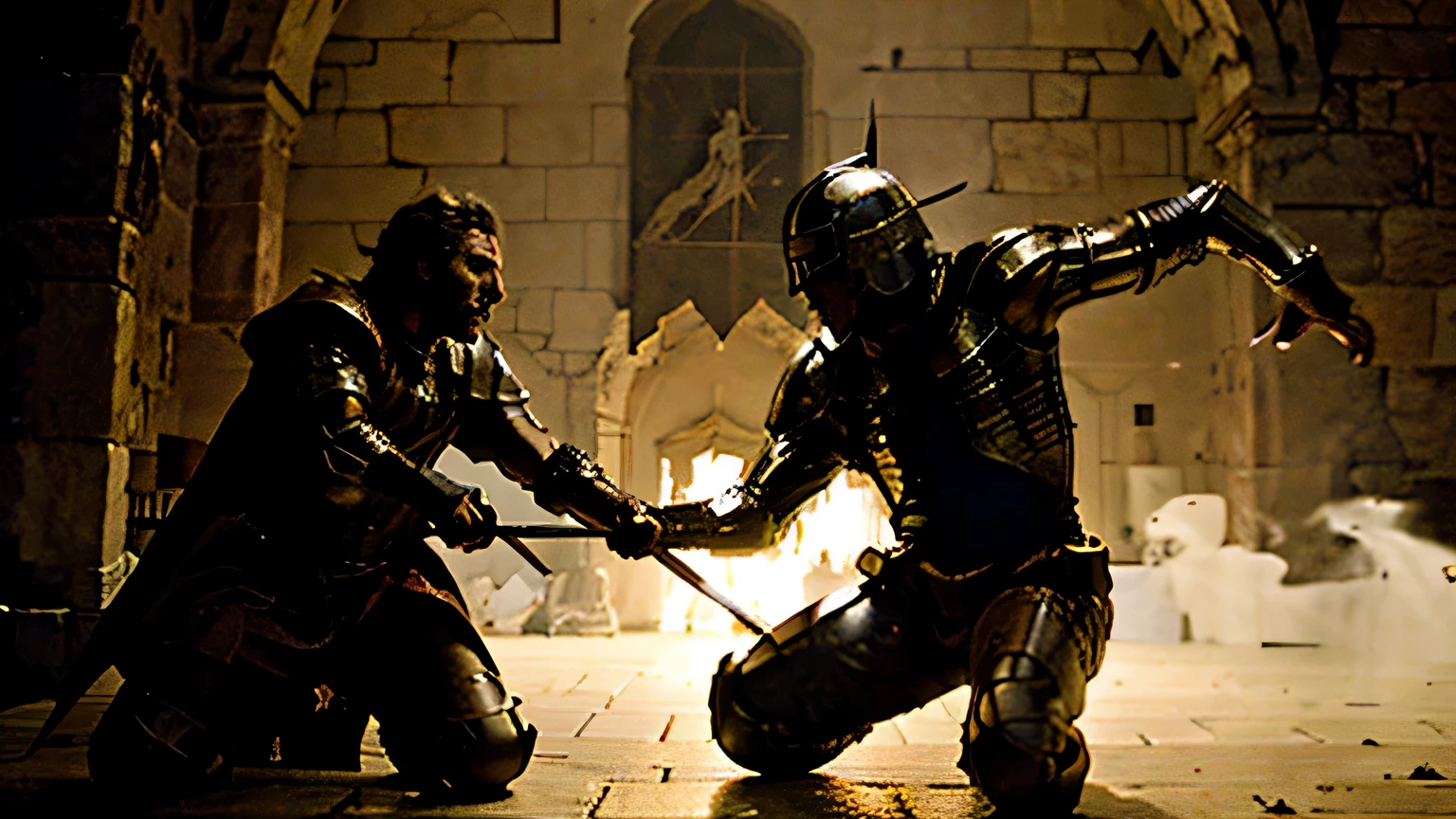 an epic battle scene between knights in a medieval castle