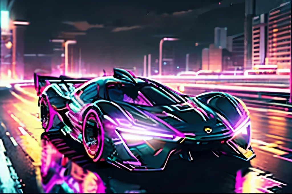 futuristic neon race car, cyberpunk, glowing stripes, racing through wet city streets at night, wet road, dark chrome body, pink glowing trim, high speed, high angle, wide angle shot, Futuristic concept car, motion blur, outrun aesthetic , auto racing, street racing, drifting, light trails