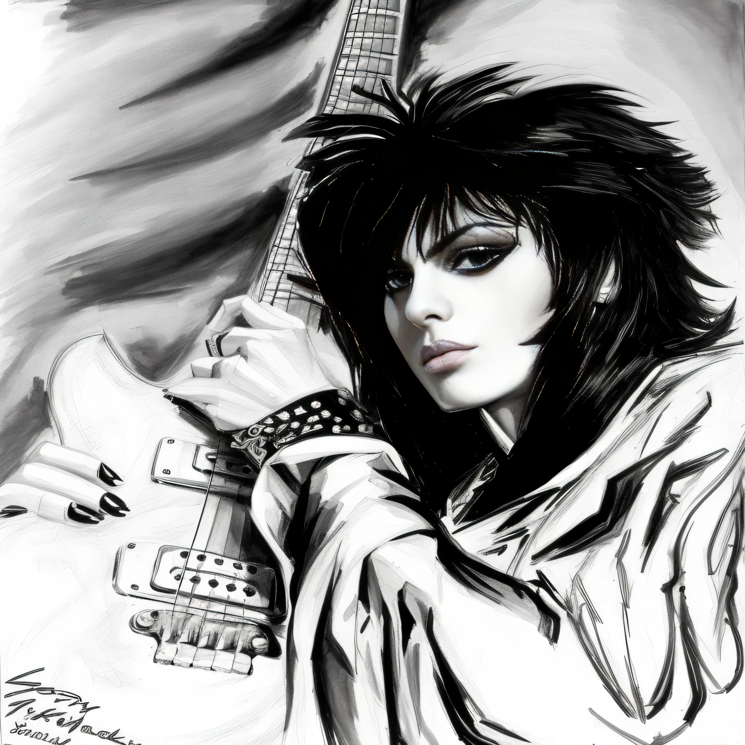 Full body drawing of Joan Jett with a guitar in her hand, Full Length portrait of Joan Jett from The Runaways, inspired by Syd Barrett, Joan Jett, ink and screentone, black and white drawing, inspired by Malcolm Morley, inspired by Tom Bonson, jean deville, inspired by Sebastian Vrancx, inspired by Tadanori Yokoo