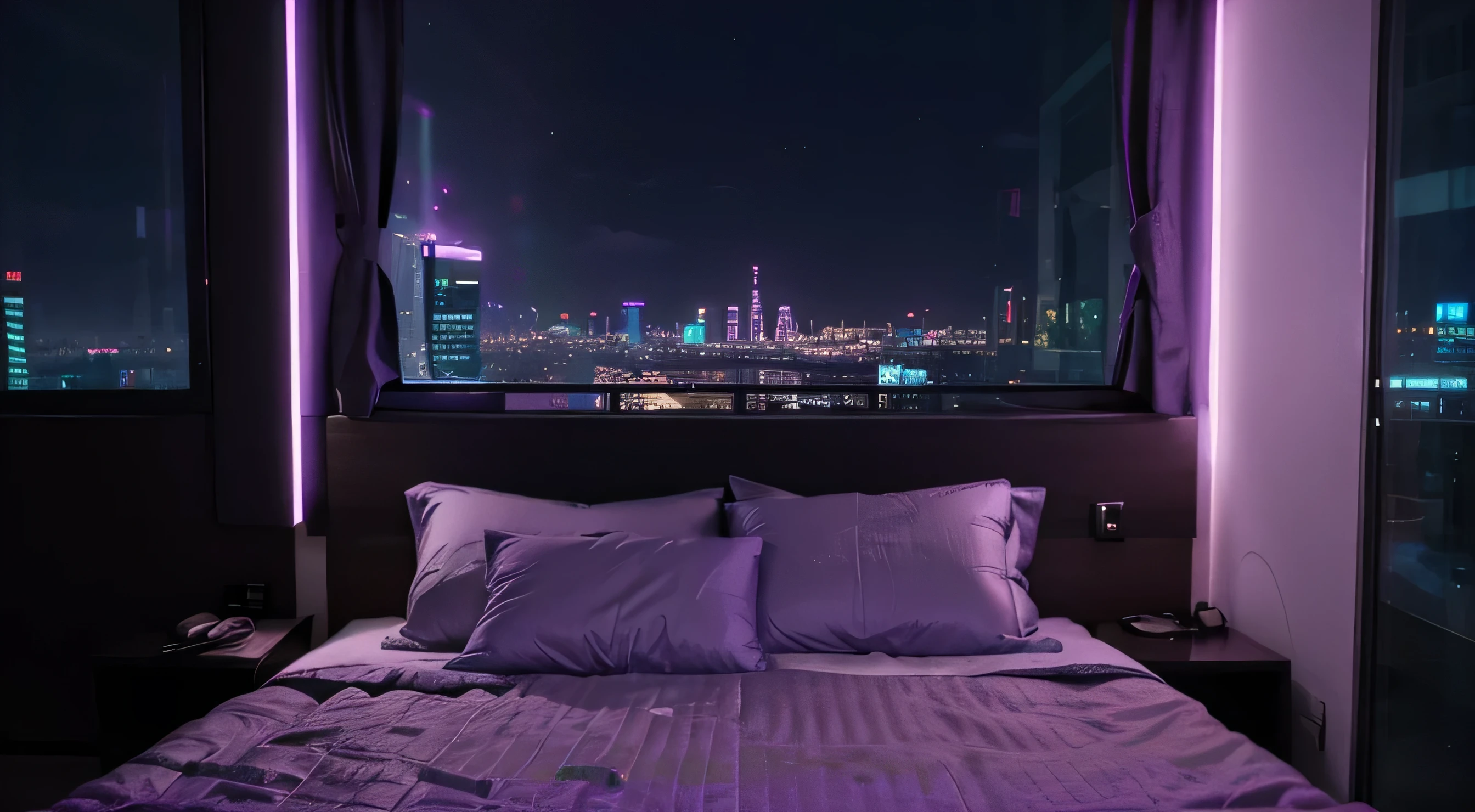 Purple bedsheets on a bed in a room with a city view, Cyberpunk Room at Night, in a cyberpunk themed room, telhado de luz neon, quarto adolescente cyberpunk, O apartamento cyberpunk, at night with neon lights, apartamento cyberpunk, Located in Tokyo, Rooftop, Vida noturna, on tokyo cyberpunk night rooftop, Cidade Neon ao fundo, com luzes neon, tamanho 1920x1080 sem pessoas