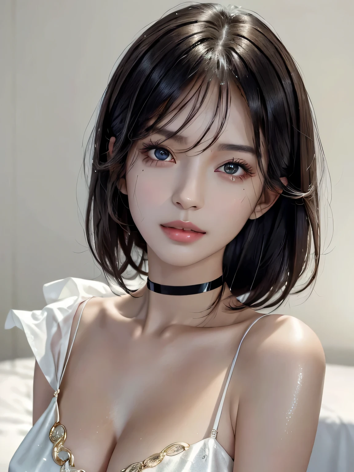 (close: 1.4),
(Raw photo: 1.2), (realistic: 1.4), (masterpiece: 1.3), (highest quality: 1.4), dream-like, (fine eyes), (detailed facial features), (Detailed characteristics of clothing), skin tightening, (shiny skin), (slender girl), (slim girl), 1 girl, (whole body)), alone, cute, smurfedium chest), bangs, straight hair, long hair, black hair, black eye, crystal pendant,{{mini skirt}} , black pantyhose, {{red high heels}}, (highest quality, 8K, 32k, masterpiece, : 1.2), pictures of japanese women, {{1 girl:radiant beautiful skin}, (tall woman), (abs), (lips), closed mouth, (medium short), double eyelid, wet skin, only one very beautiful woman, Very sexy body, gaze looking straight into the camera, golden ratio face, golden ratio body, perfect body, perfect face, perfect breasts, 大きい breasts looking directly at the camera, Expressing impermanence in a sexy way, place your chest between your armaking cleavage, bring your chest closer, coquettish smile, very happy smile, skin luster, Big eyes, student highlights, lip gloss, pronounced double eyelid, eyelash, long neck, beautiful short hair, glossy dark black hair, bangs, thick bangs, shiny skin, mole, tearful mole, clean bangs, beautiful clavicle, beautiful butt bones, , transparent white business shirt, , overwhelming charm, attractive natural light, 19 years old, choker,{pure white background, sky background}