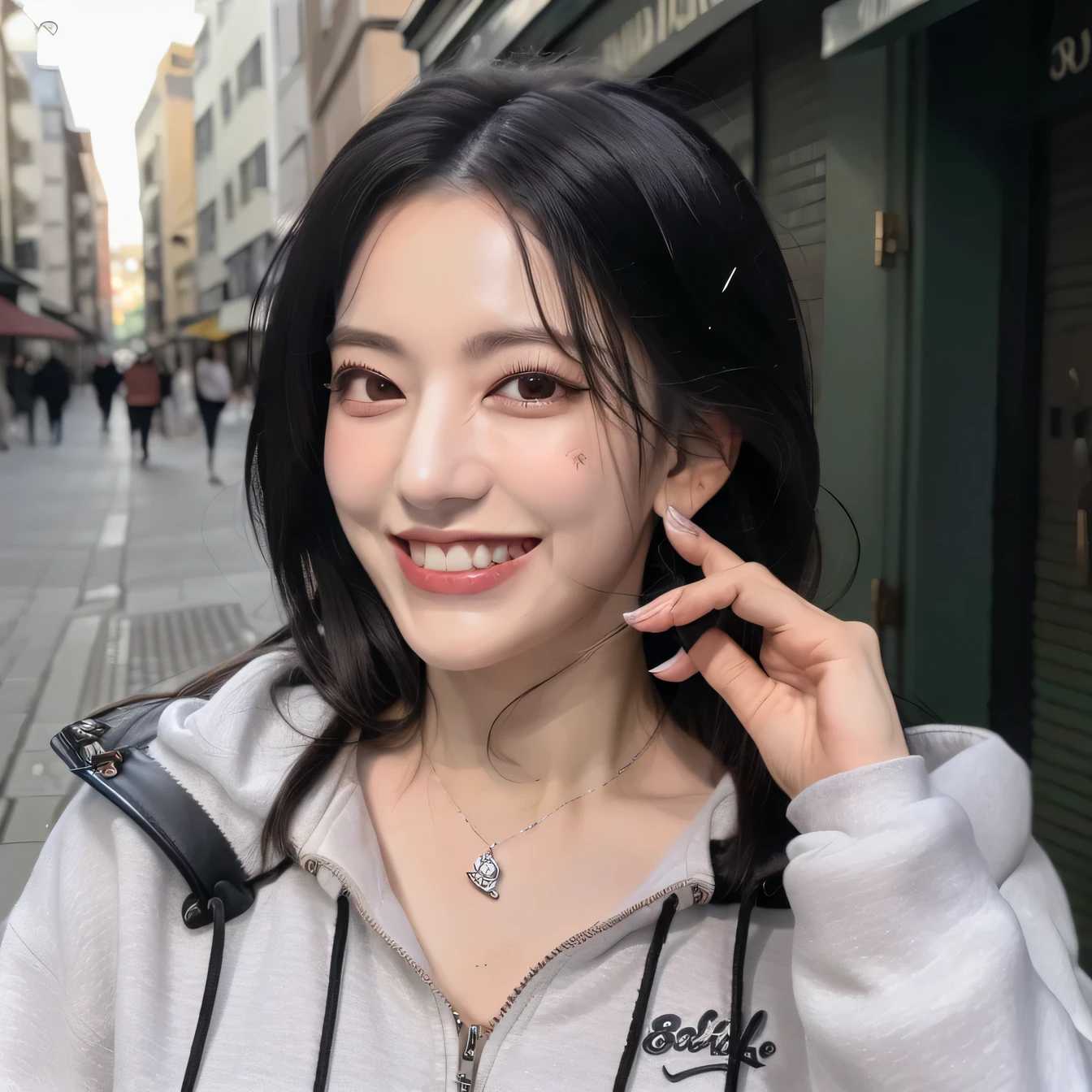 ((highest quality、8K、masterpiece:1.3))、self snap、beautiful woman with perfect figure:1.4、、hoodie、black hair、smile、beautiful teeth、necklace around neck、ear piercing、dark eyeliner、in the street、Highly detailed face and skin texture、detailed eye、double eyelid、laughter:1.5、Full body Esbian
