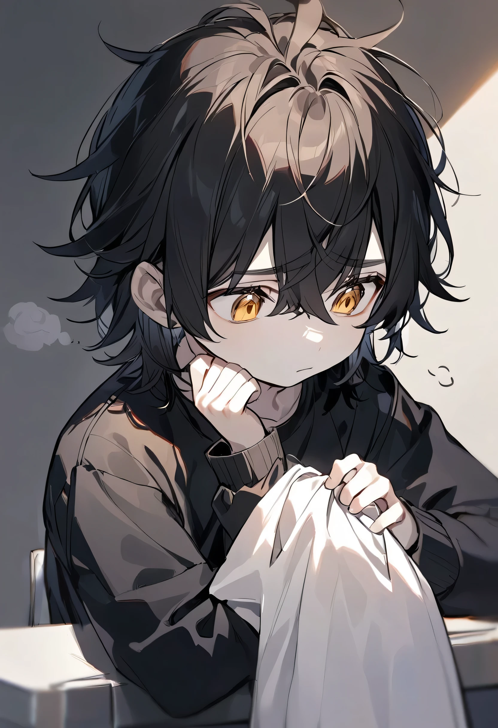 Garotinho, Pele branca, olhos amarelos, cabelo preto, cabelo passado, Messy hair, Pensamento, roupas pretas.