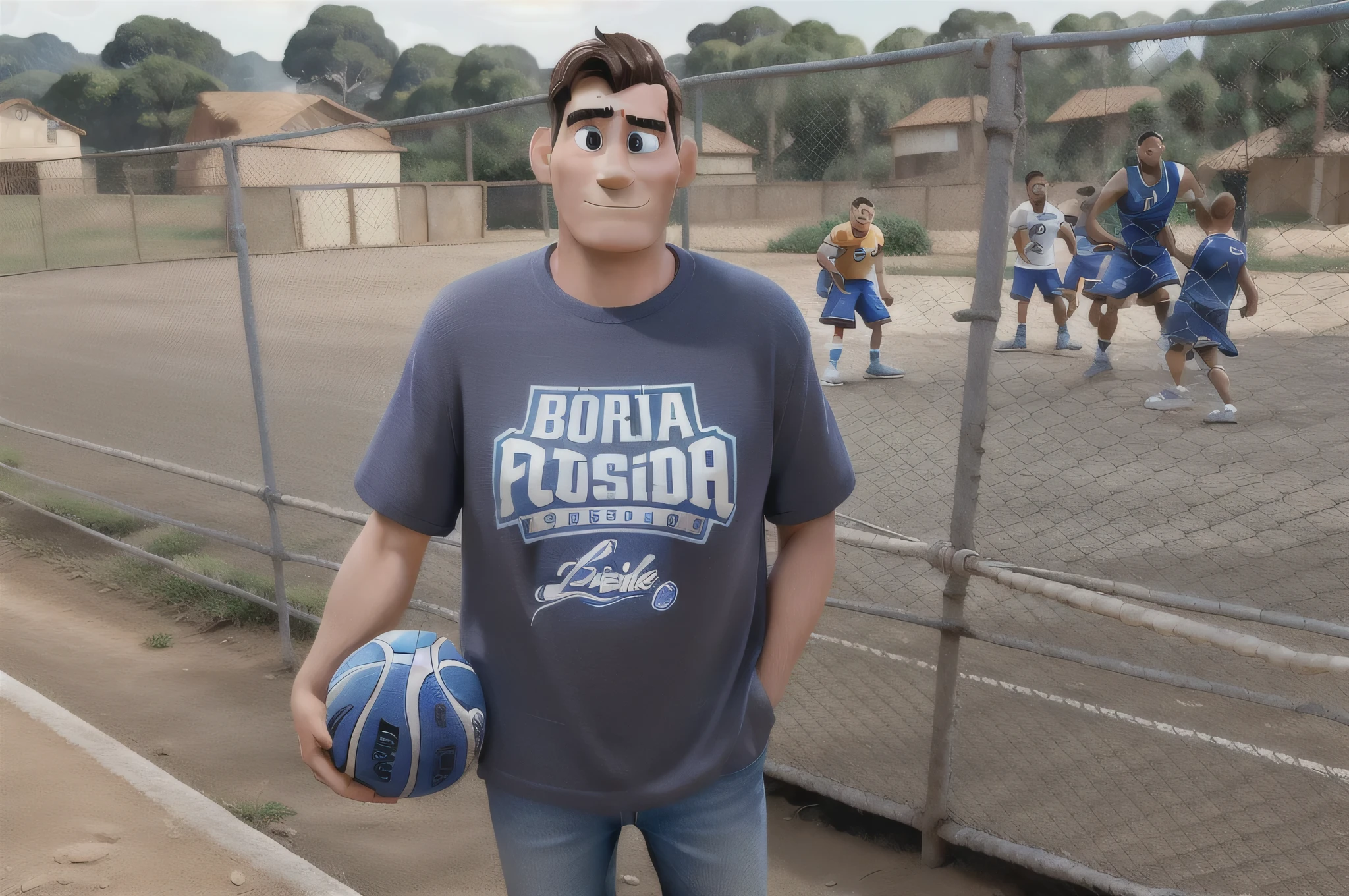 Homem segurando uma bola de basquete em frente a quadra. Estilo Pixar da Disney, melhor qualidade, alta qualidade