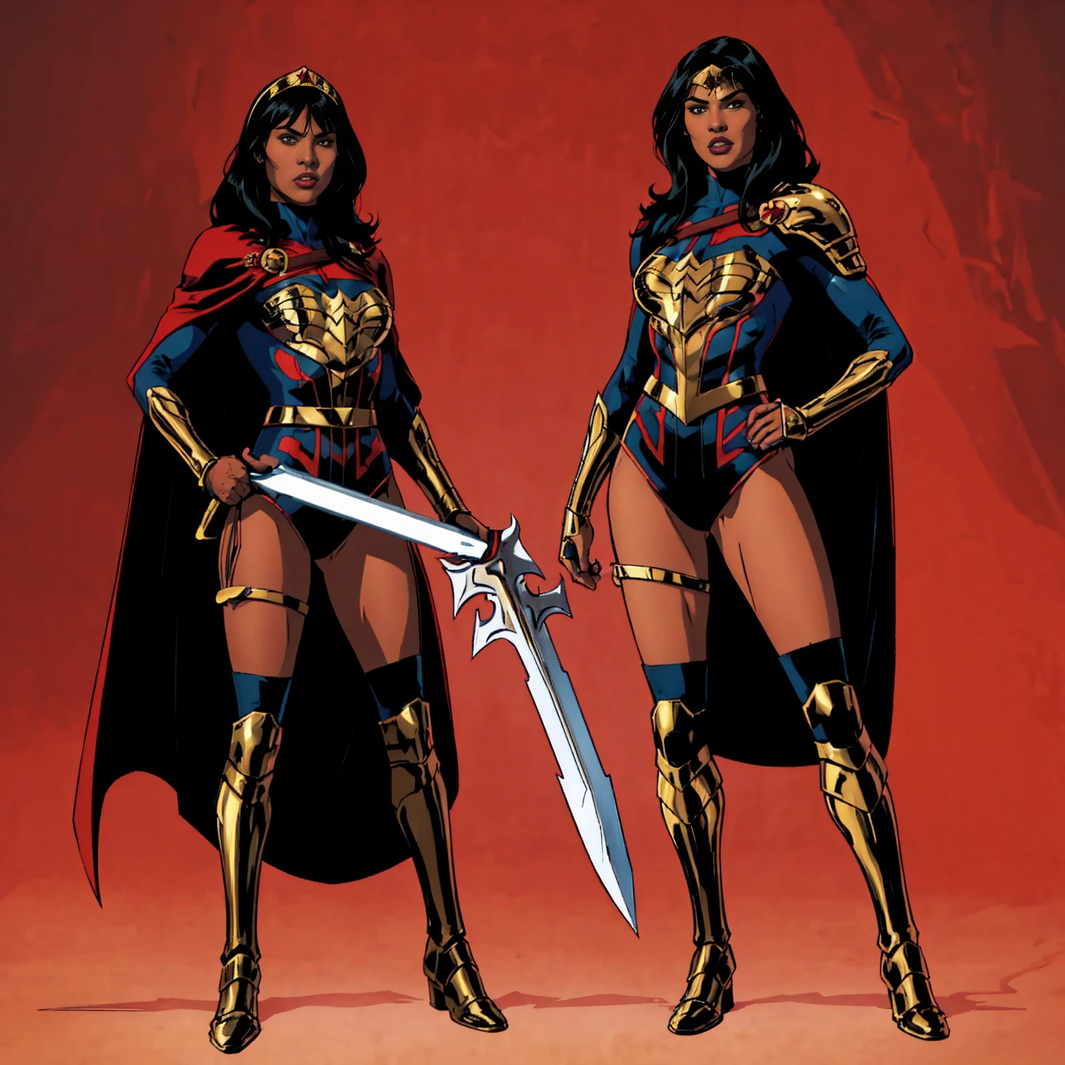 (((full body photo)))Yara Flor, 2girl, solo, long hair, looking at viewer, black hair, thighhighs, holding, weapon, boots, sword, dark skin, cape, holding weapon, armor, leotard, dark-skinned female, lips, holding sword, tiara, red background, red cape,
