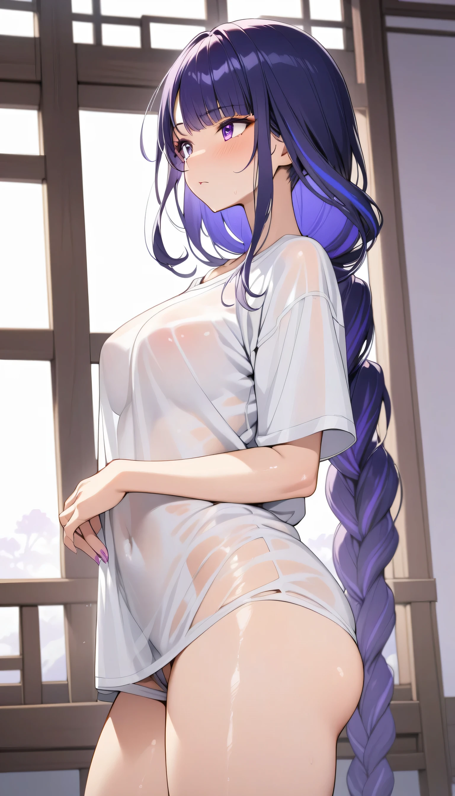 (masterpiece), best quality, expressive eyes, perfect face, very detailed eyes, solo, highly Detailed face, (highly detailed hair), (Highly Detailed body), cowboy shot,
perfect body, smooth, soft skin, glossy skin, shiny skin, vibrant colors, 1 girl, (raiden shogun, 'genshin impact'), side view, oversize white t shirt, see though,