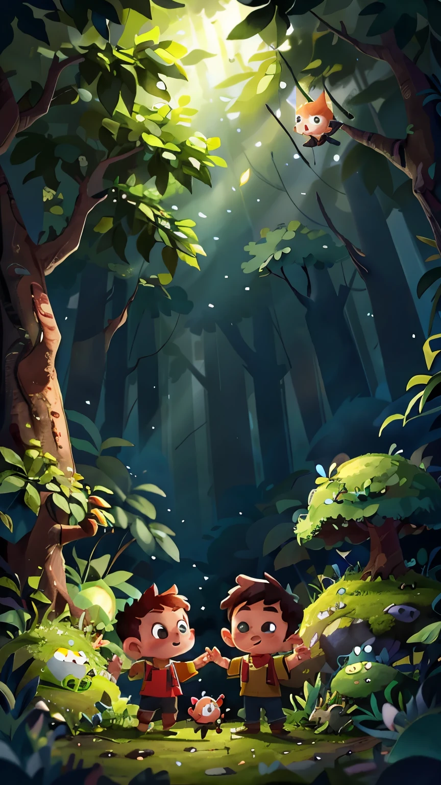 A  and a , in the illuminated forest waving at the camera and 